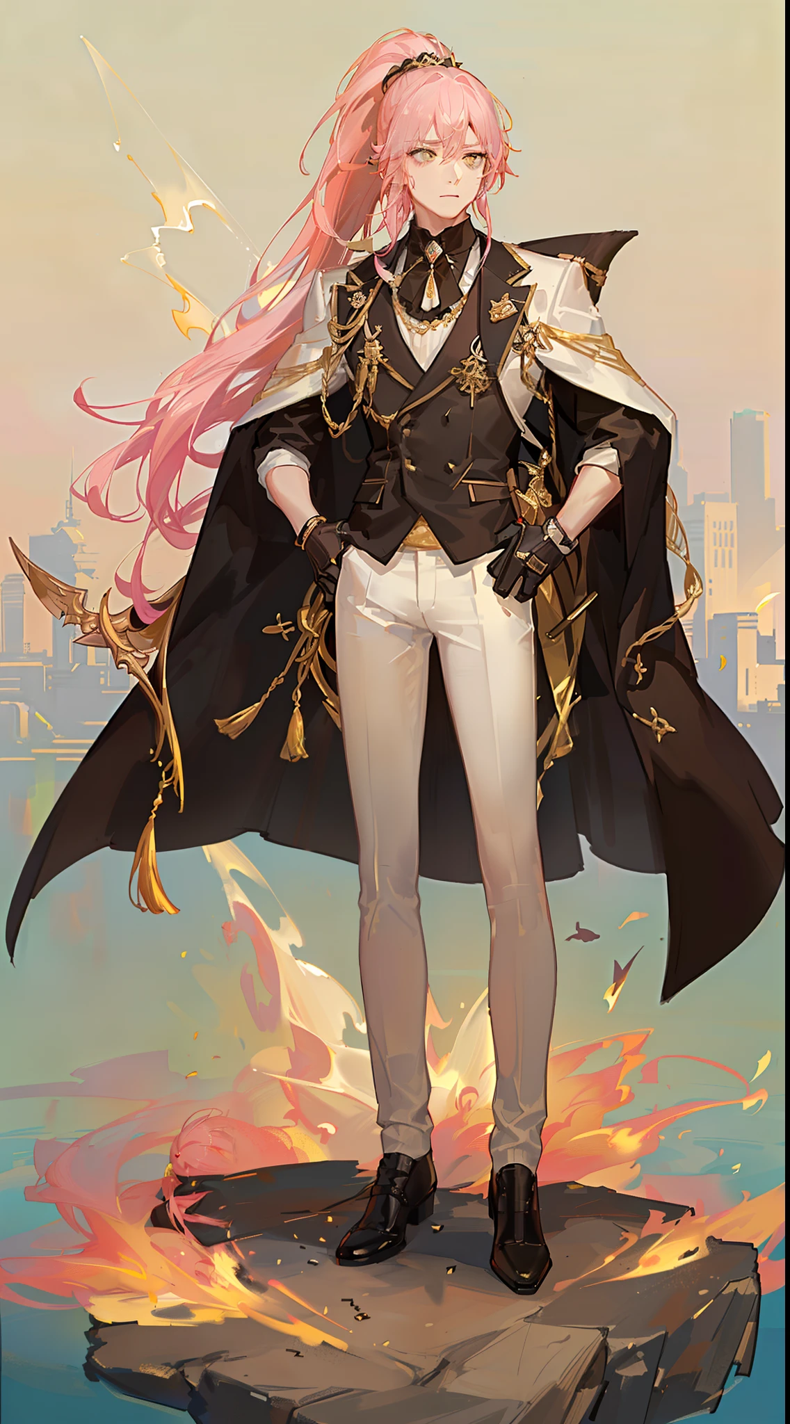 adult man, pink hair, high ponytail, golden eyes, white suit with gold elements, Masterpiece, hiquality