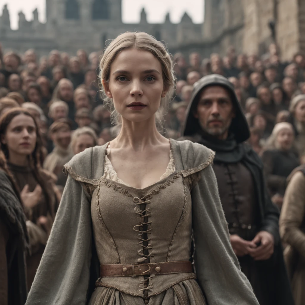 a woman in a medieval dress standing in front of a crowd of people, afterlife, after life, anti life, style of arcane tv series, after all, after a battle, style arcane tv series, altered carbon style, aftermath, after effects, live action movie, alfredo and the afterlife, life after the plague, series on netflix, live action film