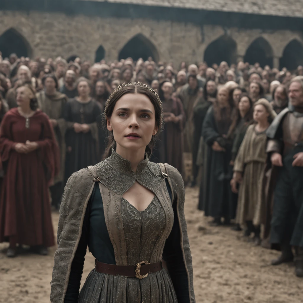 a woman in a medieval dress standing in front of a crowd of people, afterlife, after life, anti life, style of arcane tv series, after all, after a battle, style arcane tv series, altered carbon style, aftermath, after effects, live action movie, alfredo and the afterlife, life after the plague, series on netflix, live action film