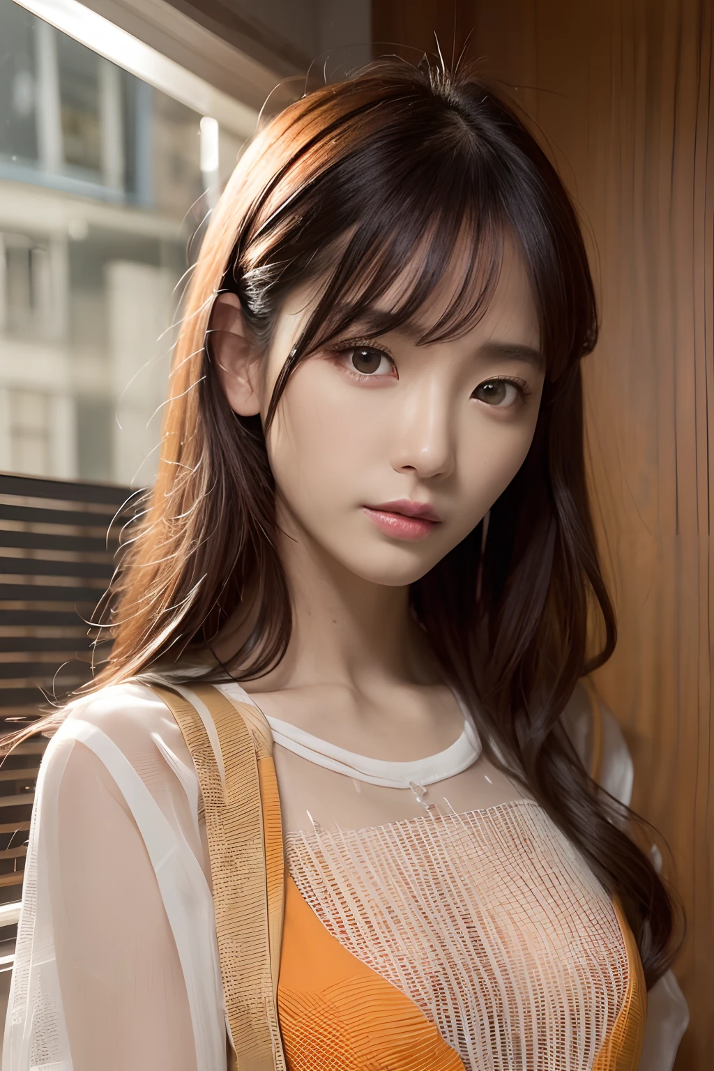 masterpiece、1 beautiful girl、top-quality、Realisticity、cinematlic lighting、japanes、Asian Beauty、Super beauty、Beautiful skin、A slender、The body is facing forward、(A hyper-realistic)、(hight resolution)、(8K)、(ighly detailed)、(Best Illustration)、(beautifully detailed eyes)、(ultra-detailliert)、 (wall-paper)、A detailed face、Bright lighting、profetional lighting、looking at viewert、The costume is a neat light orange shirt and dress.、nighttime scene、Black hair、Partially orange hair with mesh