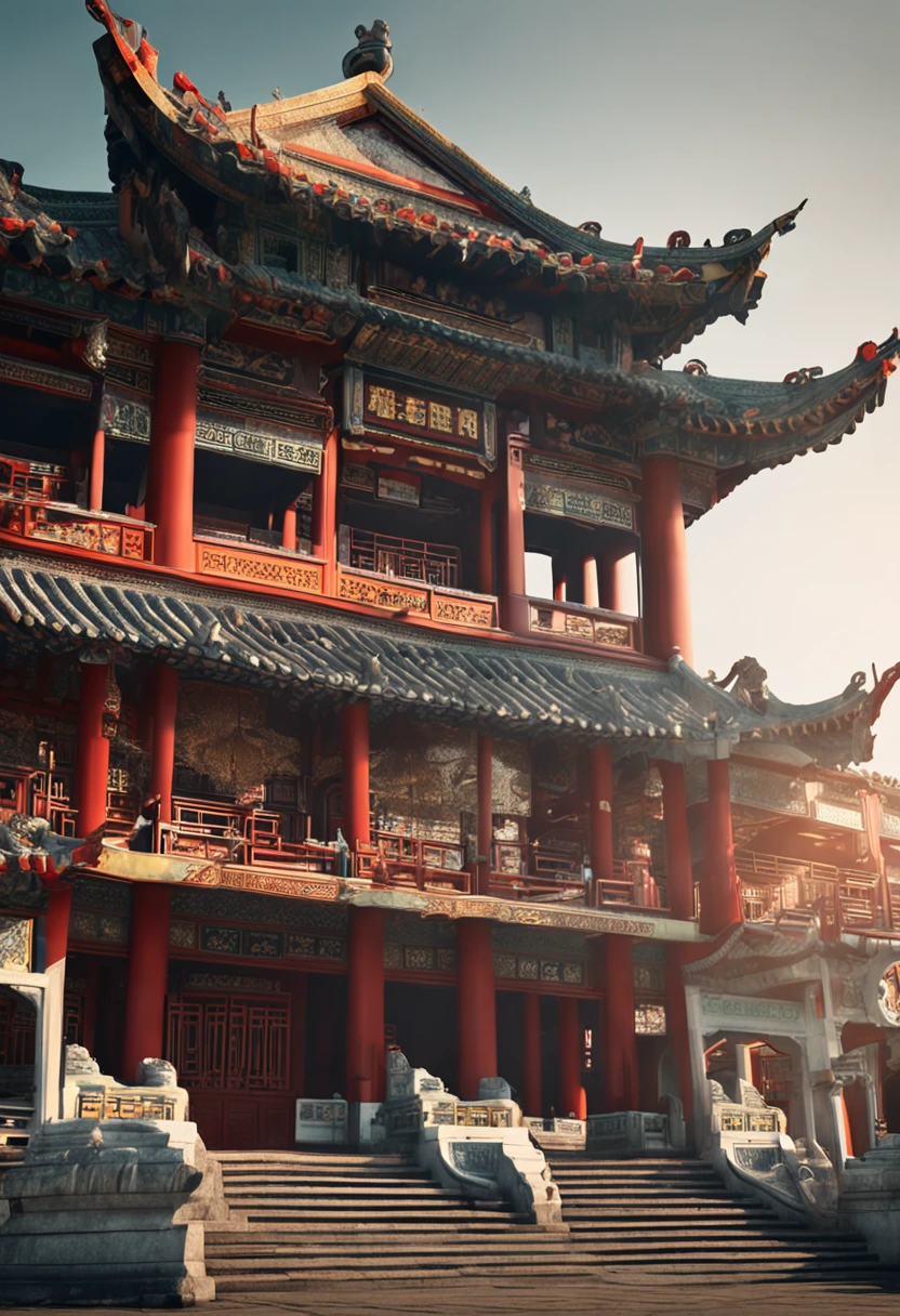 Classical Chinese Arching,cidade antiga construida nas montanhas,Majestic construction,fantasia realistica,ornate buildings,caminhos por entre as corredeiras da montanha criando uma passeio deslumbrante