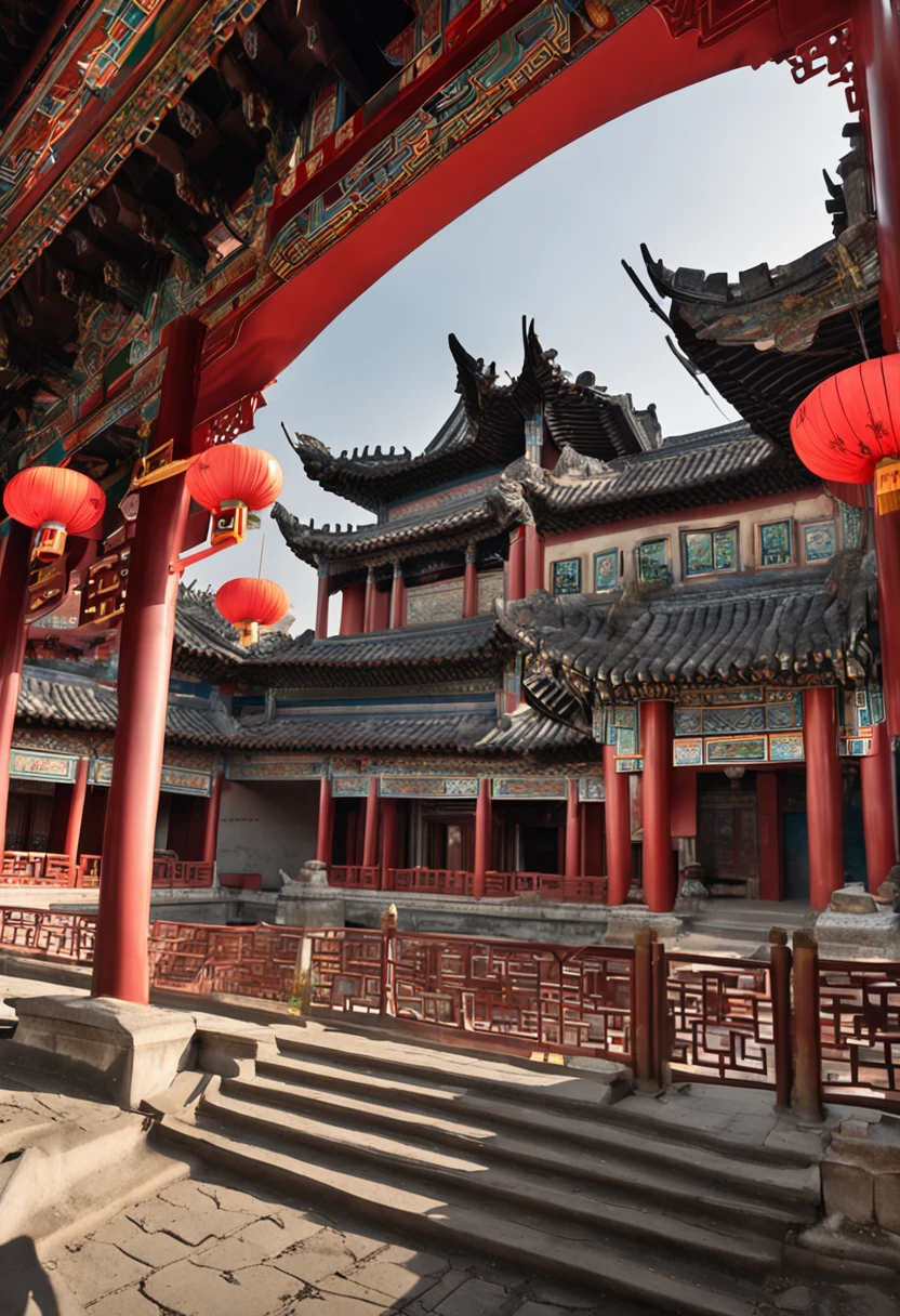 Classical Chinese Arching,cidade antiga construida nas montanhas,Majestic construction,fantasia realistica,ornate buildings,caminhos por entre as corredeiras da montanha criando uma passeio deslumbrante