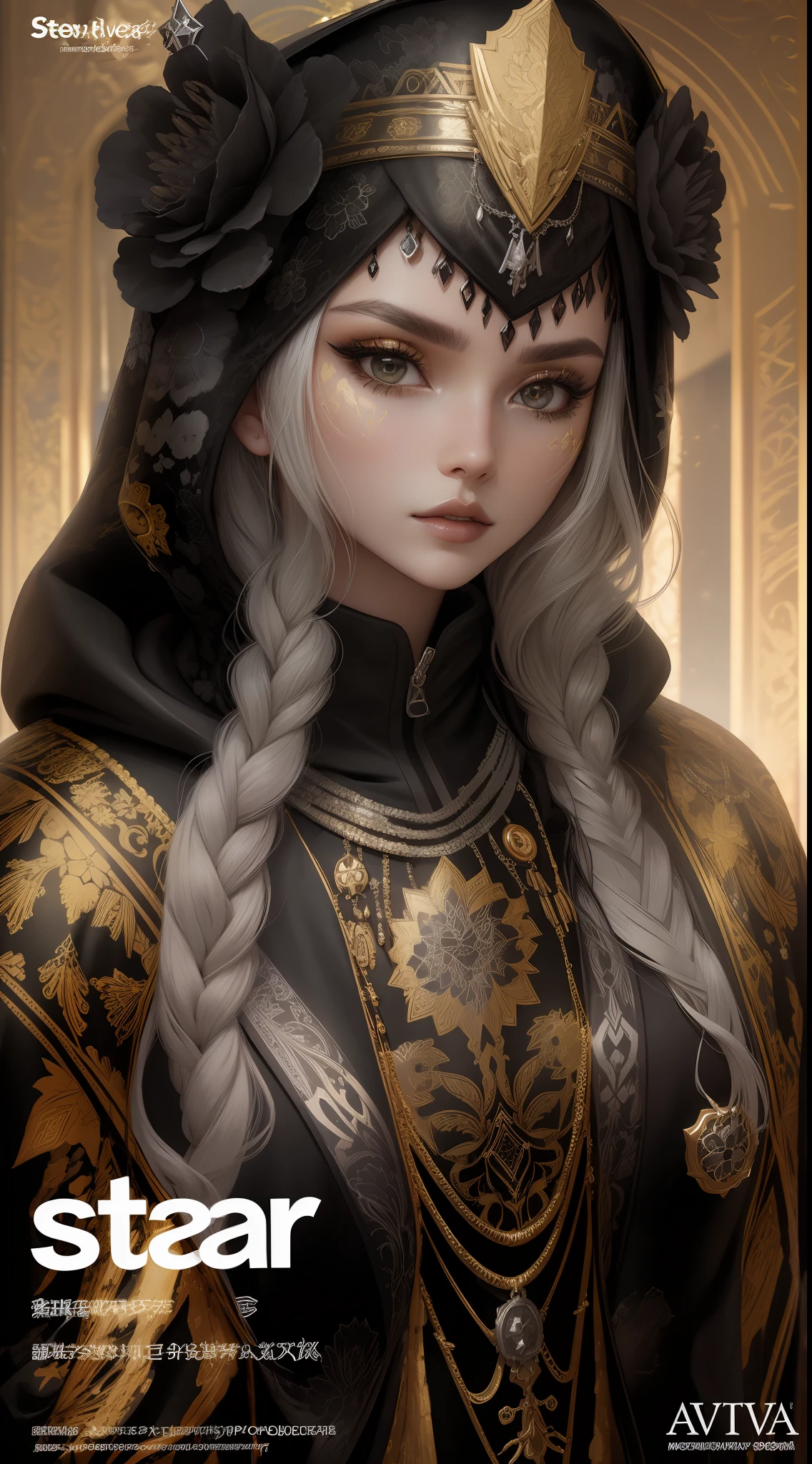 A beautiful Slavic queen wearing a modern black hoodie, covered in floral gold & silver crystal jewels, Magazine cover,bold and majestic look