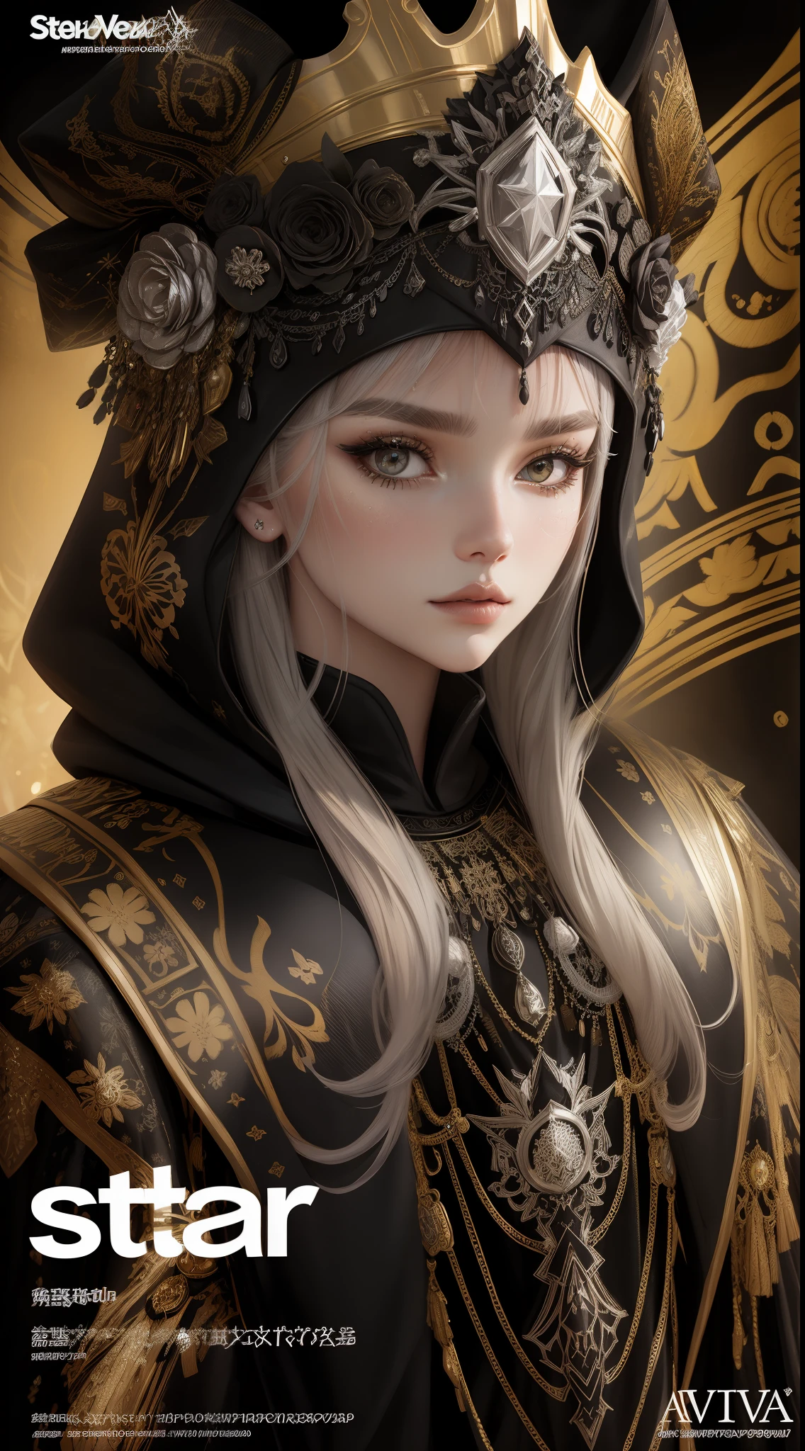 A beautiful Slavic queen wearing a modern black hoodie, covered in floral gold & silver crystal jewels, Magazine cover,bold and majestic look