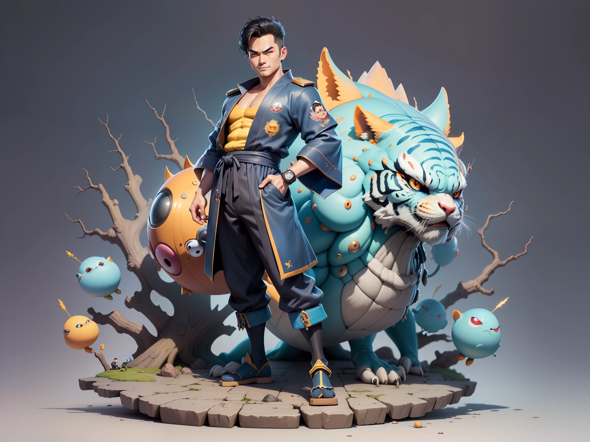 (Masterpiece), (Excellent), (Super Meticulous), (Full Body: 1.2), Super Young Man, Oriental Face, Japanese Kimono, Japanese Wind Thunder God, Dragon, Tiger, TV Anchor, Bust Portrait Illustration, Alone, Black Suit, Blue Tie, Slightly Chubby Face, Very Clean Face, No Beard, Black Super Short Hair, Black Eyes, Confident Smile, 3c Computer Sub-Products, iPad, iPhone, Digital Painting, 3D Character Design by Akira Toriyama and Mark Claireden and Pixar and Hayao Miyazaki, The illustration is a high-definition illustration in 4K resolution with very detailed facial features and cartoon-style visuals.
