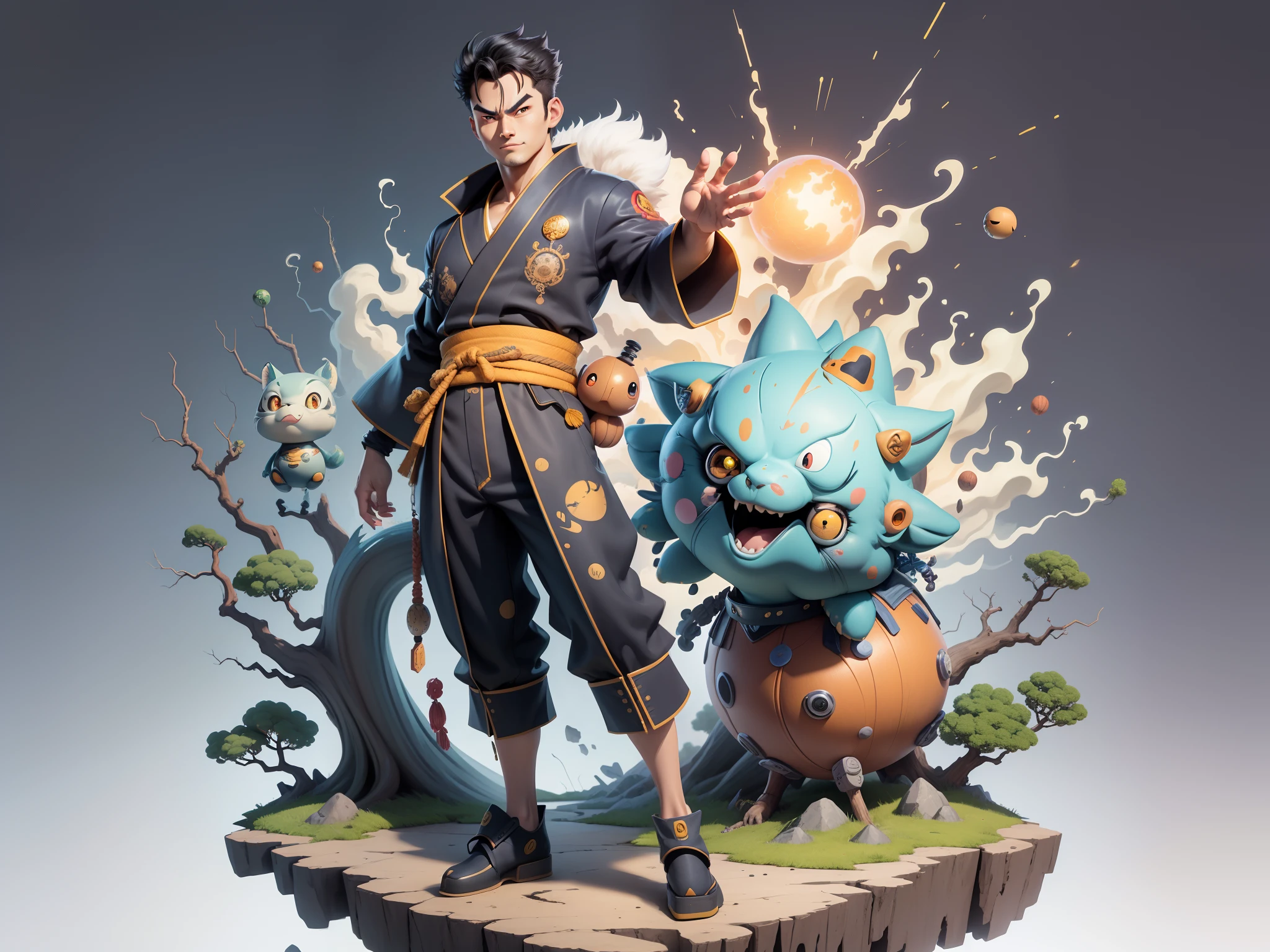 (Masterpiece), (Excellent), (Super Meticulous), (Full Body: 1.2), Super Young Man, Oriental Face, Japanese Kimono, Japanese Wind Thunder God, Dragon, Tiger, TV Anchor, Bust Portrait Illustration, Alone, Black Suit, Blue Tie, Slightly Chubby Face, Very Clean Face, No Beard, Black Super Short Hair, Black Eyes, Confident Smile, 3c Computer Sub-Products, iPad, iPhone, Digital Painting, 3D Character Design by Akira Toriyama and Mark Claireden and Pixar and Hayao Miyazaki, The illustration is a high-definition illustration in 4K resolution with very detailed facial features and cartoon-style visuals.