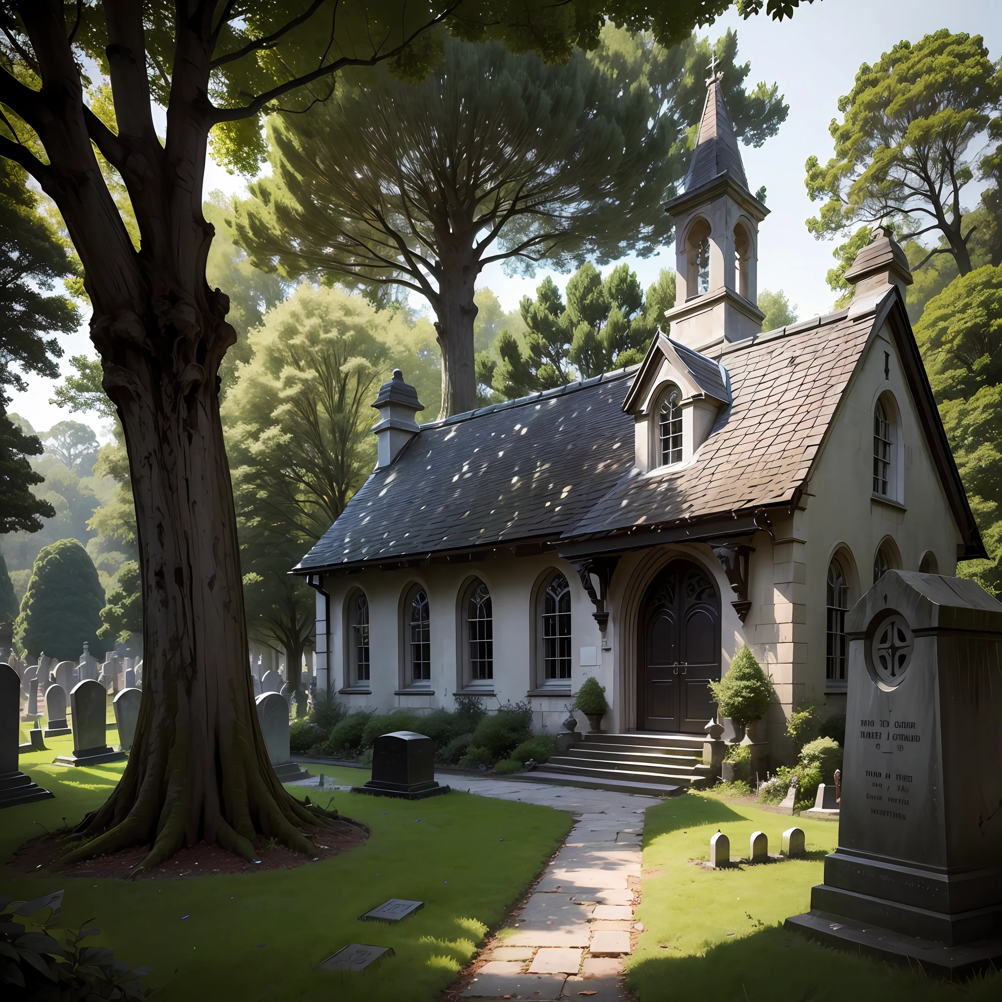Dark and overgrown graveyard, small church, large yew tree, fine old house, towering marble headstone --auto