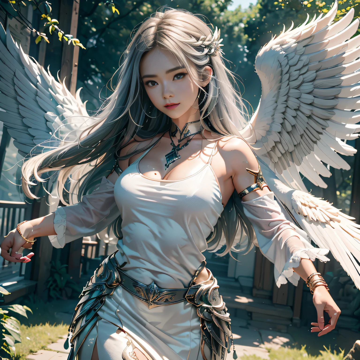 hyper HD, Anatomically correct, retinas, Super detail, Award-Awarded, Best quality, High details, Textured skin, Masterpiece, ccurate, High quality, A high resolution, 8K，1girl in, 独奏, offcial art, Unity 8k wallpaper, ultra - detailed, prettify、Aesthetic, tmasterpiece, top-quality, Photorealsitic, A female angel、It has 6 glowing white epic wings on its back:2.0、Wings of a bird of prey、Blazing Angel、Silver armor:2.0、Glow-in-the-dark imprint，Glow-in-the-dark imprint，Silver gauntlet、Silver Solette、White fabric、Hair ornaments with small wings、Valkyrie、Very large wide sword、Glowing angel circle、angelic halo:2.0、Light magic、depth of fields, Fantastic atmosphere, calm color palette, Soft Shading、You can see the forest in the distance、See remote mountain castles、ellegance、Full body like、busty figure、Large full breasts、wide waist、Floating in the air:2.0、Flying in the sky:2.0、Fry high in the air、Sky on the steppe、You can see the castle on the hill in the distance