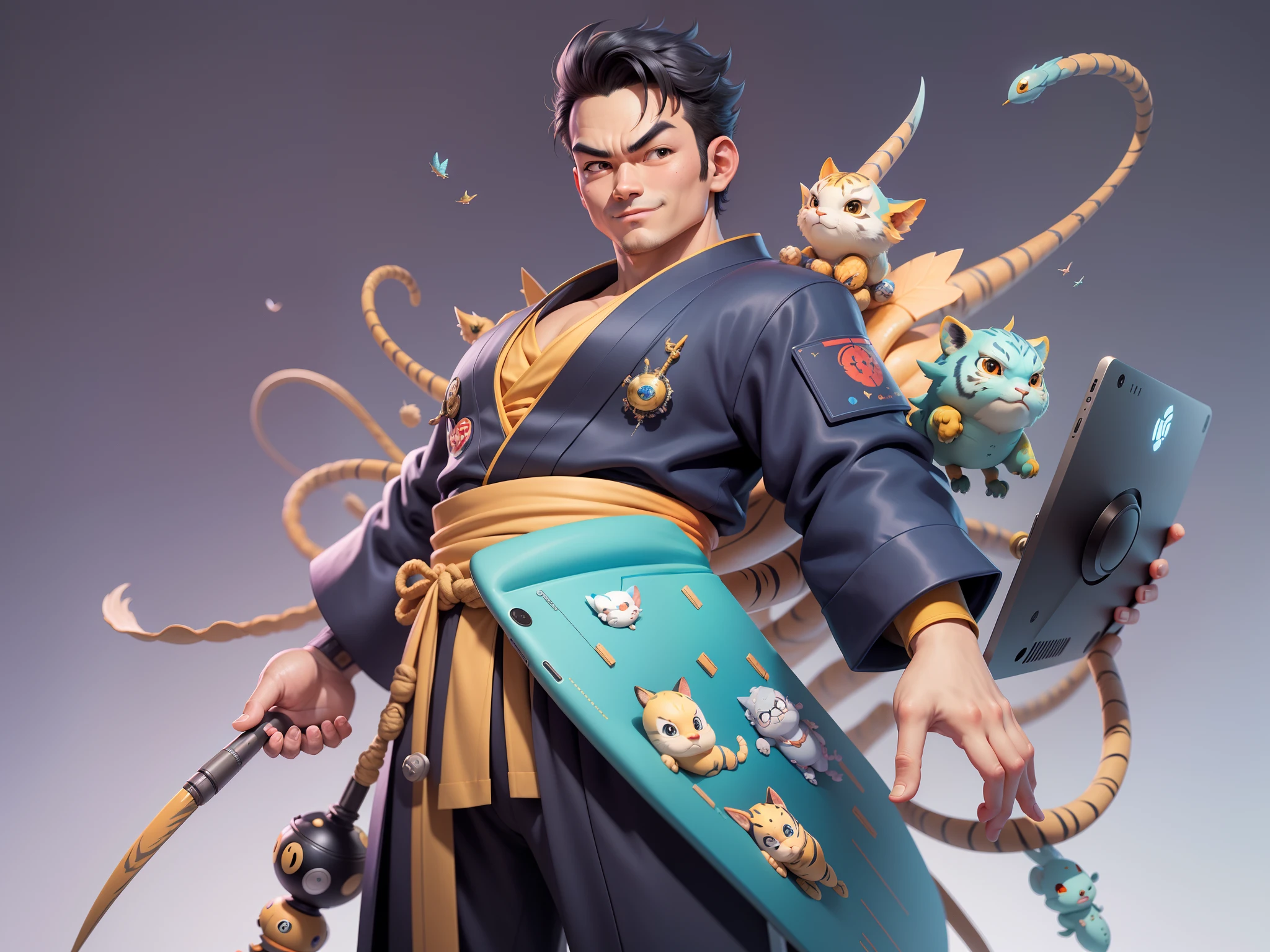 (Masterpiece), (Excellent), (Super Meticulous), (Full Body: 1.2), Super Young Man, Oriental Face, Japanese Kimono, Japanese Wind Thunder God, Dragon, Tiger, TV Anchor, Bust Portrait Illustration, Alone, Black Suit, Blue Tie, Slightly Chubby Face, Very Clean Face, No Beard, Black Super Short Hair, Black Eyes, Confident Smile, 3c Computer Sub-Products, iPad, iPhone, Digital Painting, 3D Character Design by Akira Toriyama and Mark Claireden and Pixar and Hayao Miyazaki, The illustration is a high-definition illustration in 4K resolution with very detailed facial features and cartoon-style visuals.