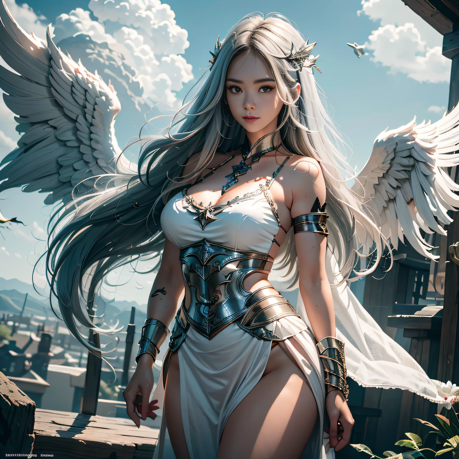 hyper HD, Anatomically correct, retinas, Super detail, Award-Awarded, Best quality, High details, Textured skin, Masterpiece, ccurate, High quality, A high resolution, 8K,1girl in, 独奏, offcial art, Unity 8k wallpaper, ultra - detailed, prettify、Aesthetic, tmasterpiece, top-quality, Photorealsitic, A female angel、It has 6 glowing white epic wings on its back:2.0、Wings of a bird of prey、Blazing Angel、Silver armor:2.0、Glow-in-the-dark imprint,Glow-in-the-dark imprint,Silver gauntlet、Silver Solette、White fabric、Hair ornaments with small wings、Valkyrie、Very large wide sword、Glowing angel circle、angelic halo:2.0、Light magic、depth of fields, Fantastic atmosphere, calm color palette, Soft Shading、You can see the forest in the distance、See remote mountain castles、ellegance、Full body like、busty figure、Large full breasts、wide waist、Floating in the air:2.0、Flying in the sky:2.0、Fry high in the air、Sky on the steppe、You can see the castle on the hill in the distance