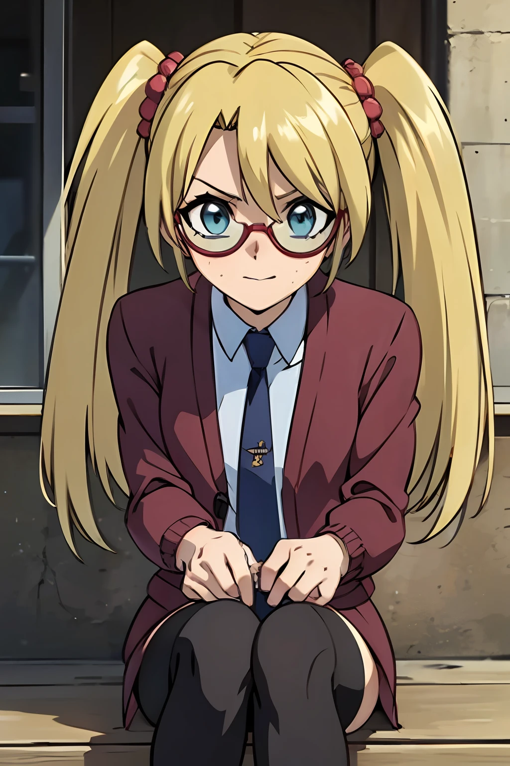 (masterpiece, best quality, ultra-detailed), 1girl, Rebecca Hopkins, blonde hair, twintails, red glasses,looking at viewer, sitting, city