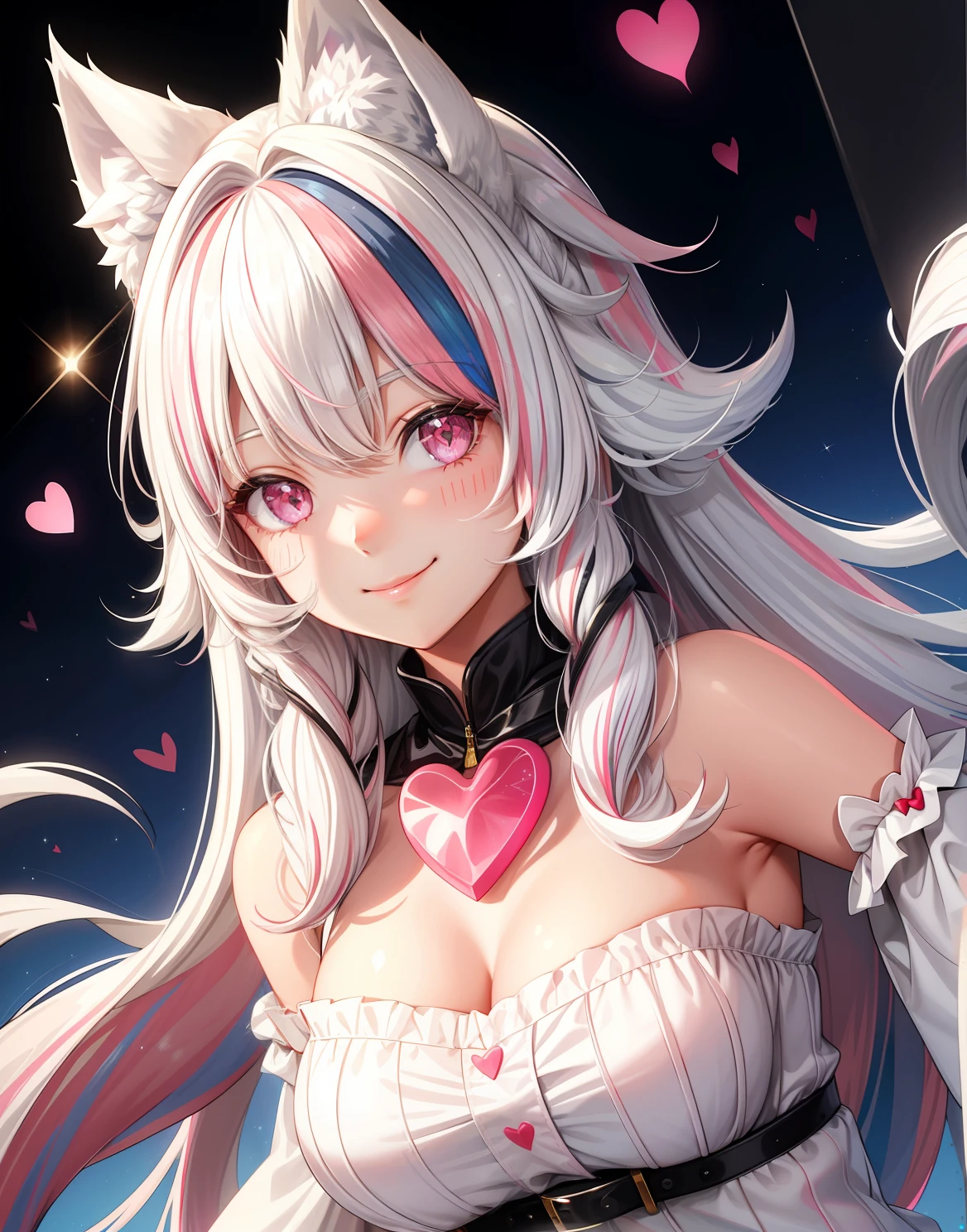 ((girl wolf)) ((white hair pink streaks)) shy smile various sizes bright red hearts around, cute heart, glitter powder, picture perfect, space background