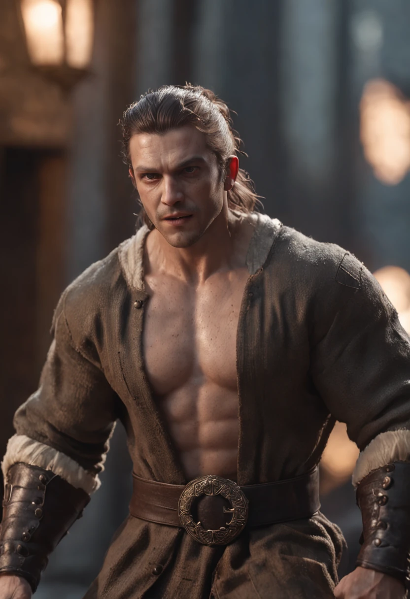 (Профессиональный 3D-рендер:1.3) de (Realistic:1.3) The most beautiful photo in the world,Features of soft and shiny male heroes, ((Epic fantasy hero, muscle male, Rough wet hero, Angry look, Long hair, short beard and ferocious facial expression in a dynamic pose, Fantastic location, Majestic cluttered surroundings)), Рендеринг Full Body 8K Unity, action shot, pores skin, very dark lighting, Strong shading, Detailed, Detailed Face, (Vibrants, The photo is realistic, Realistic, dramatic, Dark, sharp-focus, 8K), (Old leather clothes, damaged by weather conditions:1.4), ((((Wear fur)))), (Intricate:1.4), decadent, (Highly detailed:1.4), Digital Painting, Octane rendering, Art Stations, ConceptArt, Smooth, sharp-focus, illustartion, The germ of art, (loish:0.23), Wlop Ilya Kuvshinov, and Greg Rutkowski and Alphonse Mucha Gracias, (Global Illumination, studio light, surround light), heavy rain, particles floating, rascal, Fantasy, elf, full bodyesbian, ((The dark and ancient background of the city:1.3)),CGSesociety,Art Stations
