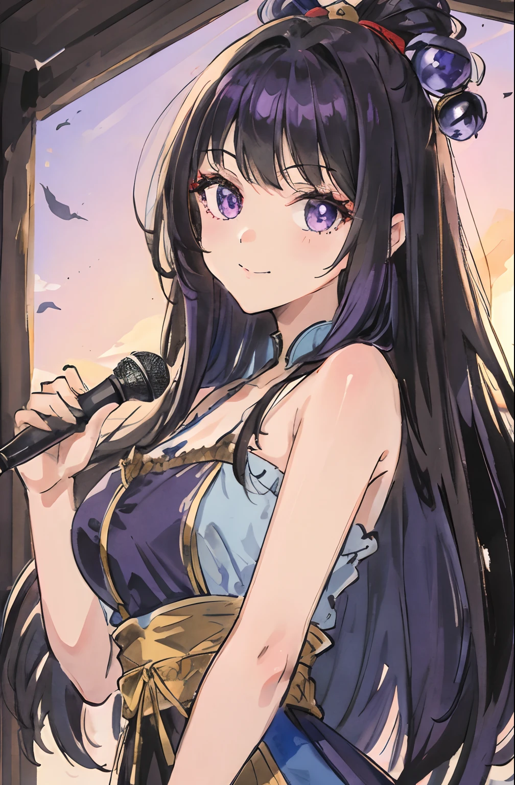 A beautiful and cute girl, huge smile、Idle Pose、1girl in, Solo, Long hair, A dark-haired,Purple eyes, hair messy, long hair bangs, Beautiful detailed eyes, Looking at Viewer, deadpan, Closed mouth, Portrait, Bangs,Blue Idol Costume,corsets、holding the mic、Blue hair ornament、Upper body, Small breasts, Backlight, stage