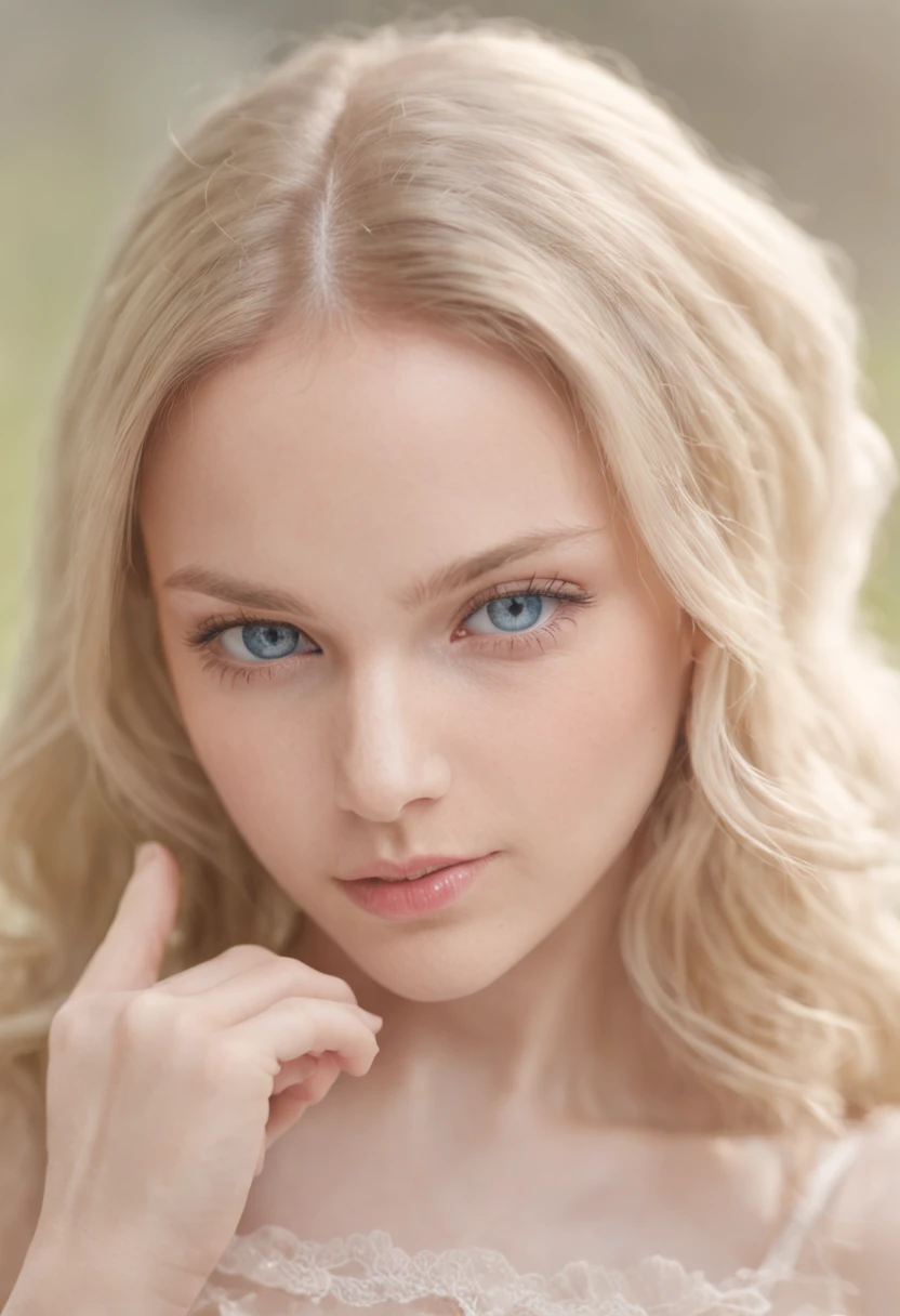 of a real，Perfect facial features，Realistic skin texture，Cute baby girl，closeup cleavage，head portrait，Pout，Blue eyes，Long blonde hair，depth of fields，dynamic blur，high light，Real light，Ray traching，oc rendered，Hyper-realistic，best qualtiy，8K，Works of masters，super-fine，Detailed pubic hair，Correct anatomy，sharp focus on eyes，Bokeh，Facial features are carefully depicted