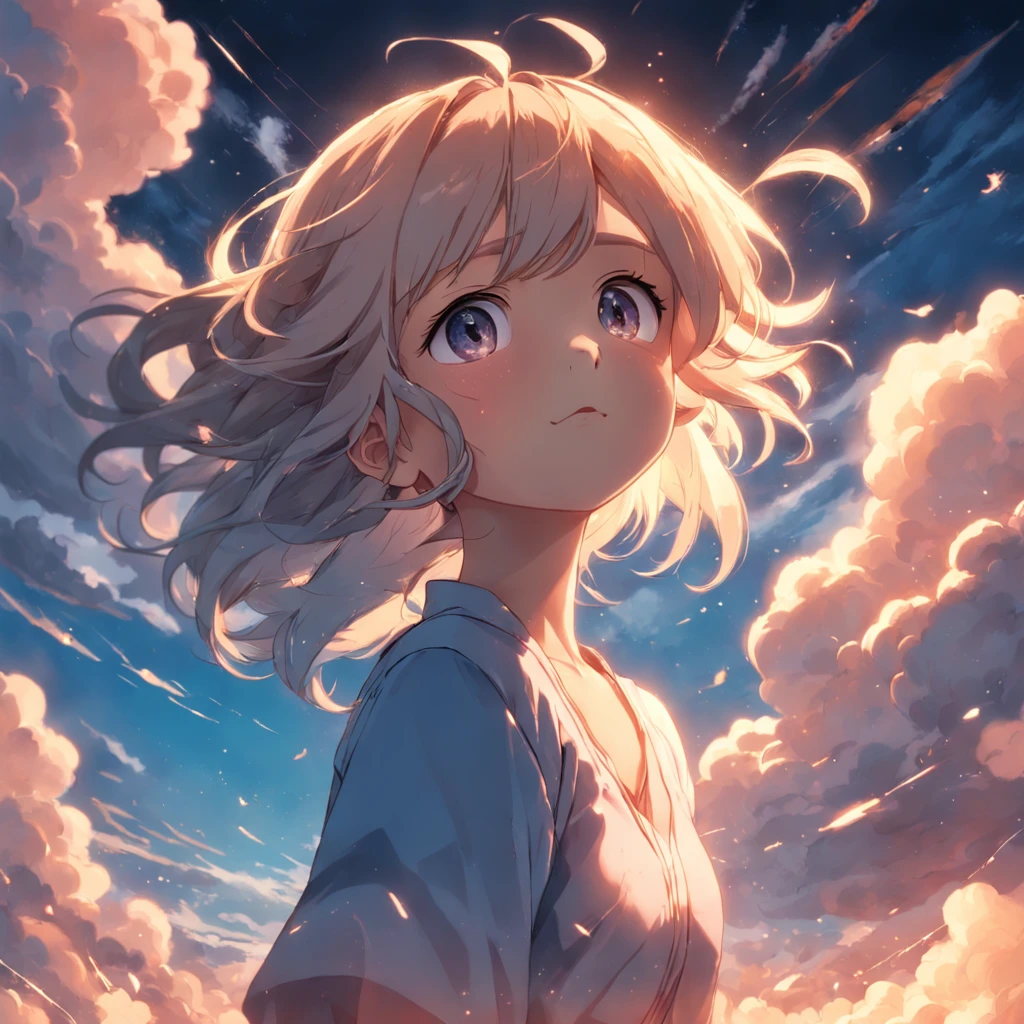 masterpiece, best quality, movie still, 1girl, cloud girl, floating in the sky, close-up, bright, happy, warm soft lighting, sunset, (sparks:0.7)