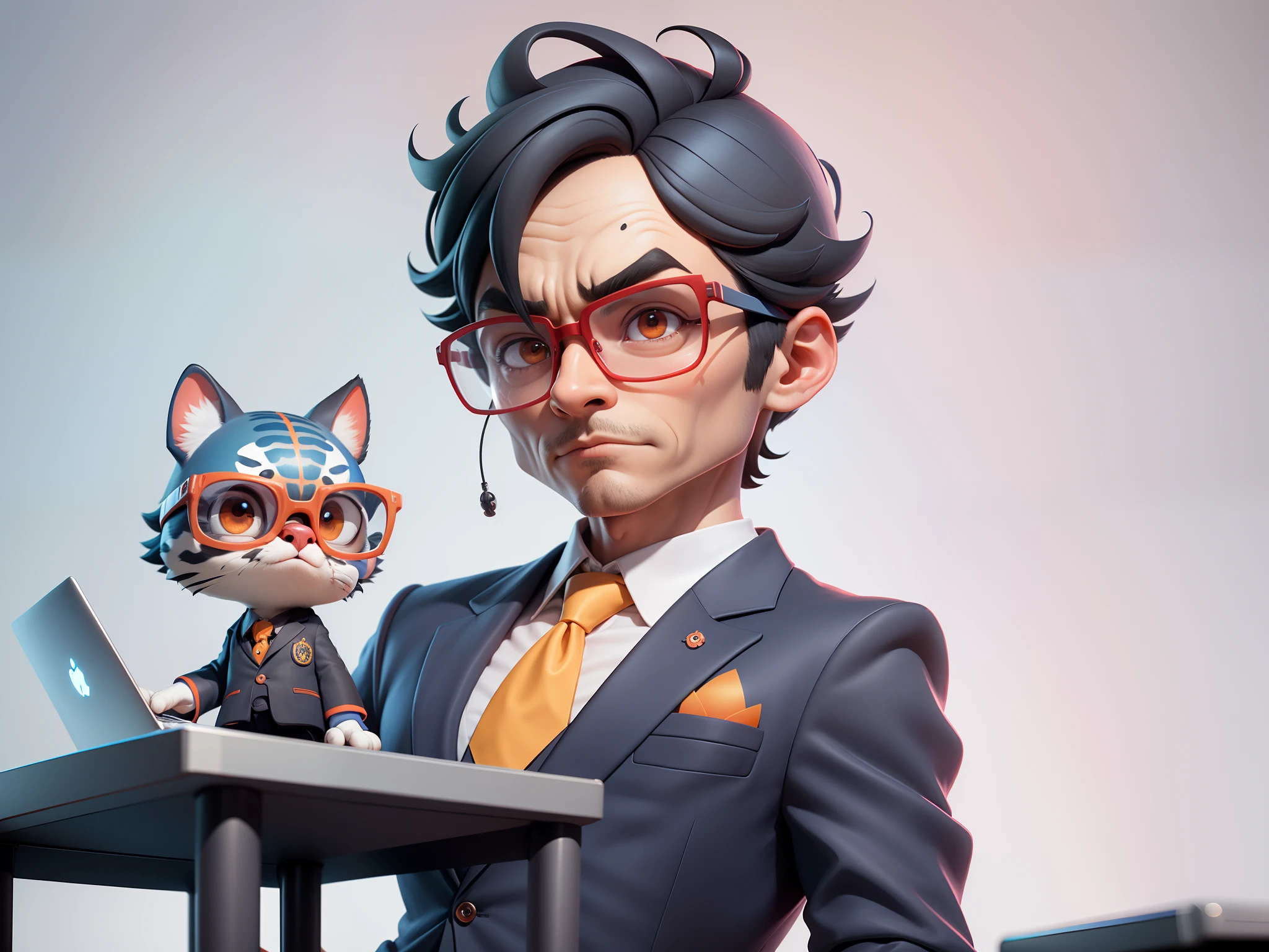 A young man in a suit, Short hair and glasses sat at his desk，holding laptop，digitial painting，tigre，3D character design by Mark Clairen and Pixar and Hayao Miyazaki and Akira Toriyama，4K HD illustration，Very detailed facial features and cartoon-style visuals。