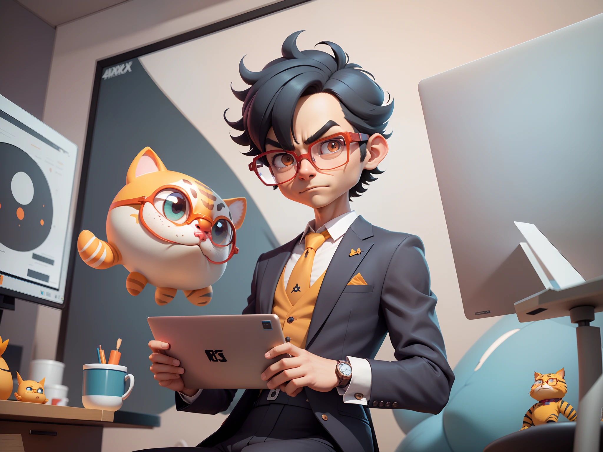 A young man in a suit, Short hair and glasses sat at his desk，holding laptop，digitial painting，tigre，3D character design by Mark Clairen and Pixar and Hayao Miyazaki and Akira Toriyama，4K HD illustration，Very detailed facial features and cartoon-style visuals。