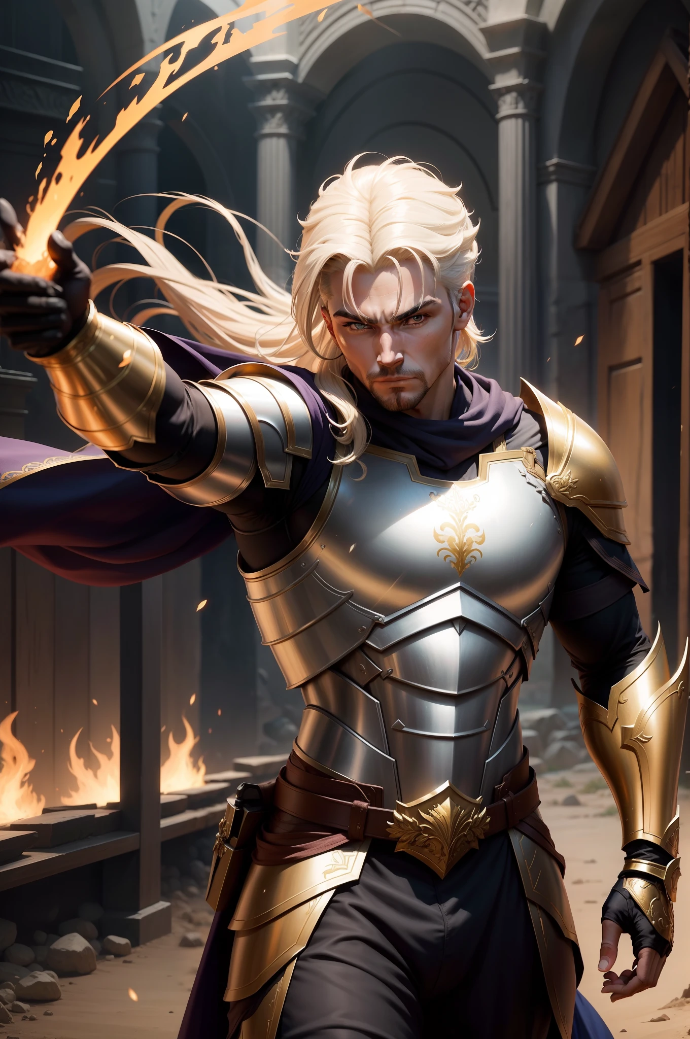 Male Character Archer Fantasy Action Background Pose Fantasy Face Action Serious Armor Golden Arch Character Long Arch with Height of 1,90m com olhos pretos e marcas cabelo vermelho sem nada nas costas tirar tudo do fundo flecha de fogo