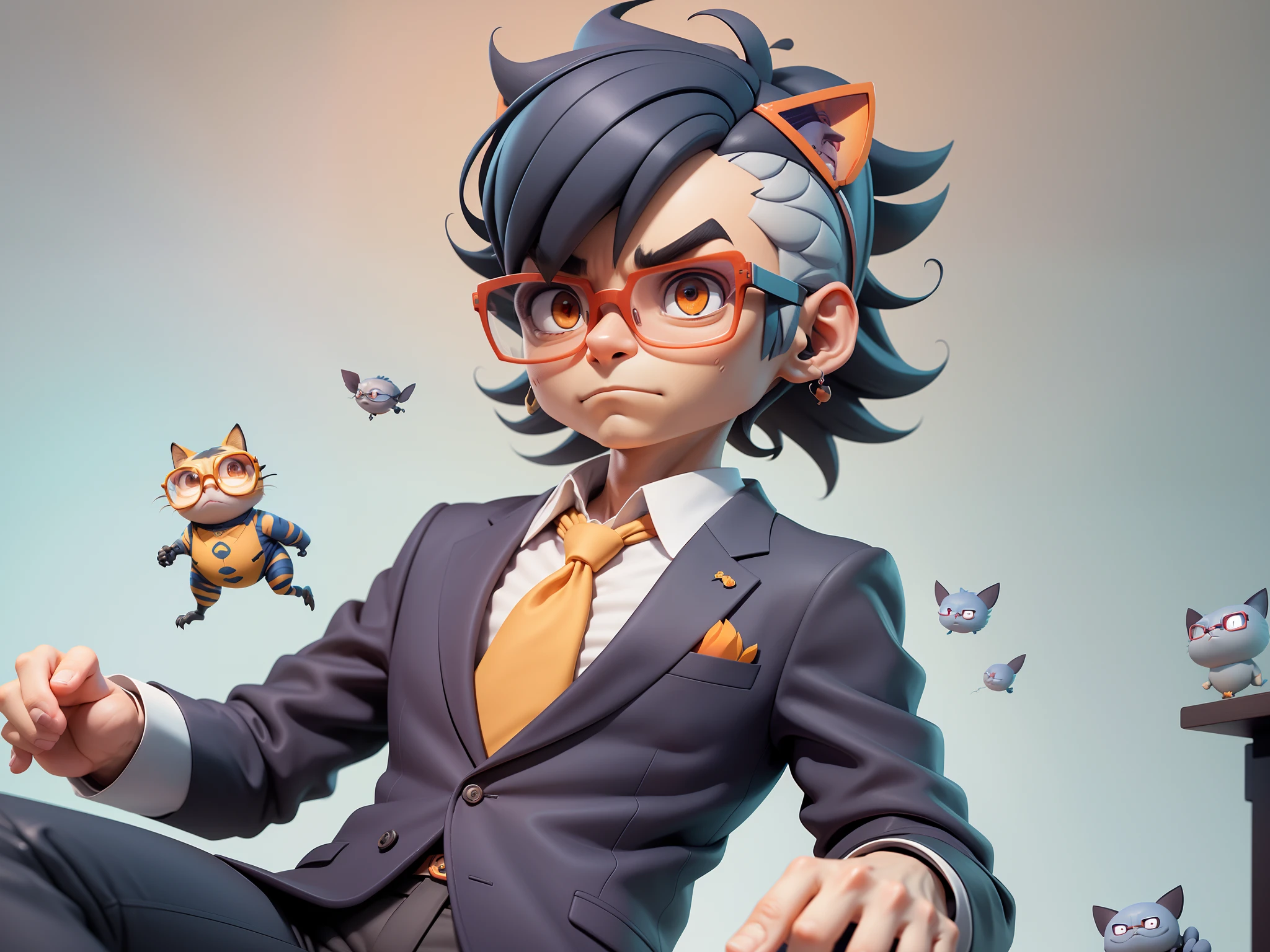 A young man in a suit, Short hair and glasses sat at his desk,holding laptop,digitial painting,tigre,3D character design by Mark Clairen and Pixar and Hayao Miyazaki and Akira Toriyama,4K HD illustration,Very detailed facial features and cartoon-style visuals。