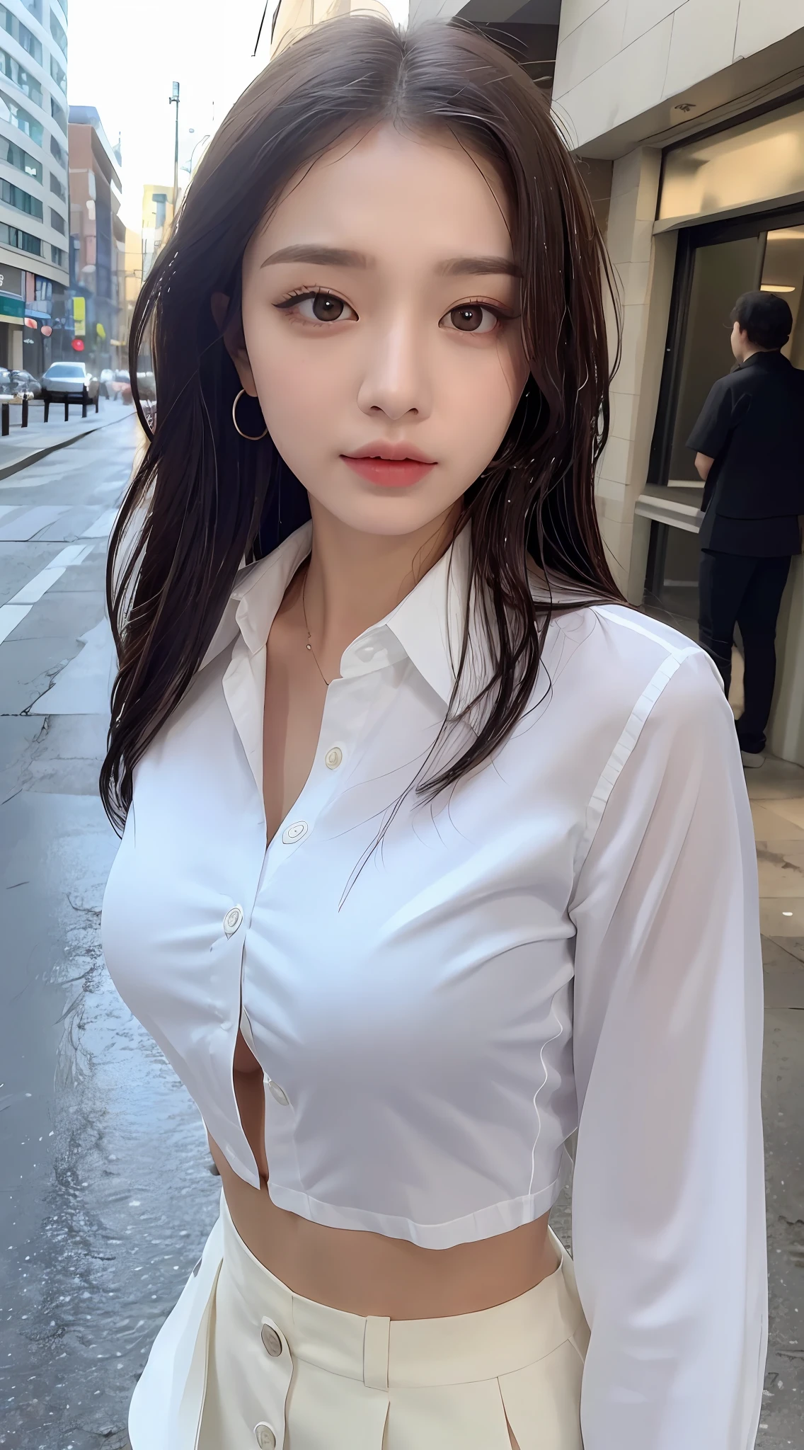 ((Best quality, 8k, Masterpiece :1.3)), Sharp focus :1.2, A pretty woman with perfect figure :1.4, Slender abs :1.2, ((Layered long hair, Big breasts :1.2)), (Wet white button up long shirt :1.3), Short Skirt, Rain :1.7, Street:1.2, Wet body :1.7, Highly detailed face and skin texture, Detailed eyes, Double eyelid