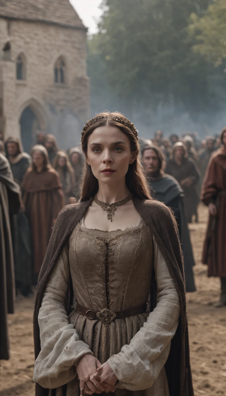 a woman in a medieval dress standing in front of a crowd of people, afterlife, after life, anti life, style of arcane tv series, after all, after a battle, style arcane tv series, altered carbon style, aftermath, after effects, live action movie, alfredo and the afterlife, life after the plague, series on netflix, live action film