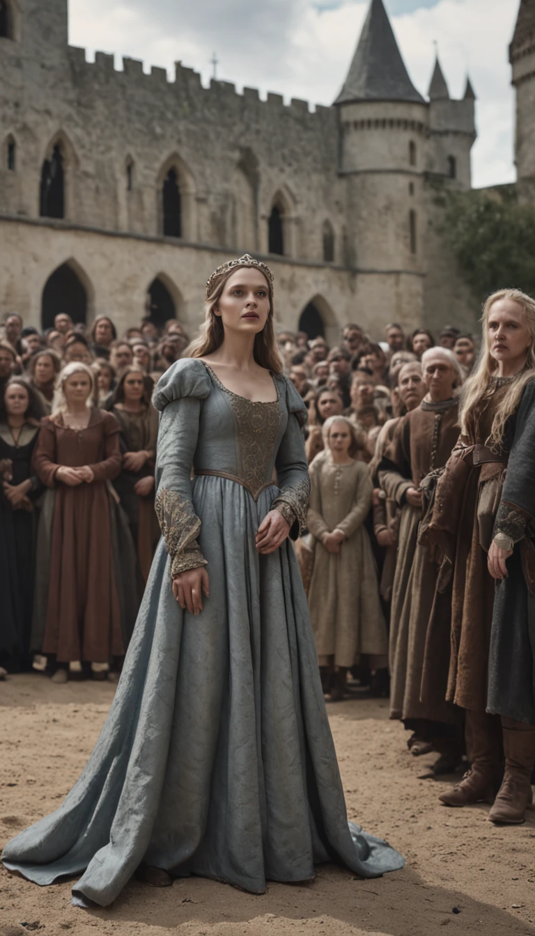 a woman in a medieval dress standing in front of a crowd of people, afterlife, after life, anti life, style of arcane tv series, after all, after a battle, style arcane tv series, altered carbon style, aftermath, after effects, live action movie, alfredo and the afterlife, life after the plague, series on netflix, live action film