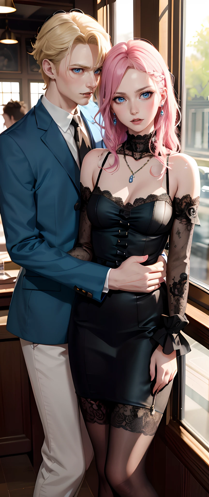 masterpiece, top-quality, 2Others, ((Male and female couples)), 1 man and 1,, Adults, Height difference, different color, finely eye and detailed face, intricate detailes, Wizarding World Costumes, Inside the coffee shop, During the walk, Men and women side by side, A smile, Happiness, tenderness, youthfulness, high-level image quality、 Beautiful men and women、tall、window、𝓡𝓸𝓶𝓪𝓷𝓽𝓲𝓬、British men, Idol Photos, k pop, Professional Photos, ((Vampire Man and Witch)), Fedoman with necklace, inspired by Sim Sa-jeong, androgynous vampire, :9 detailed face: 8, extra detailed face, detailed punk hair, ((Light blue eyes)) baggy eyes, Seductive. Highly detailed, semi realistic anime, Vampires, hyperrealistic , delicate androgynous prince, imvu, short hair above the ears, Man with short hair, Woman with long hair, With a man with a glaring expression, Woman with a gentle expression, ((With an Englishman with short blonde hair and light blue eyes)), ((Woman with pretty long pink hair and light blue eyes)),