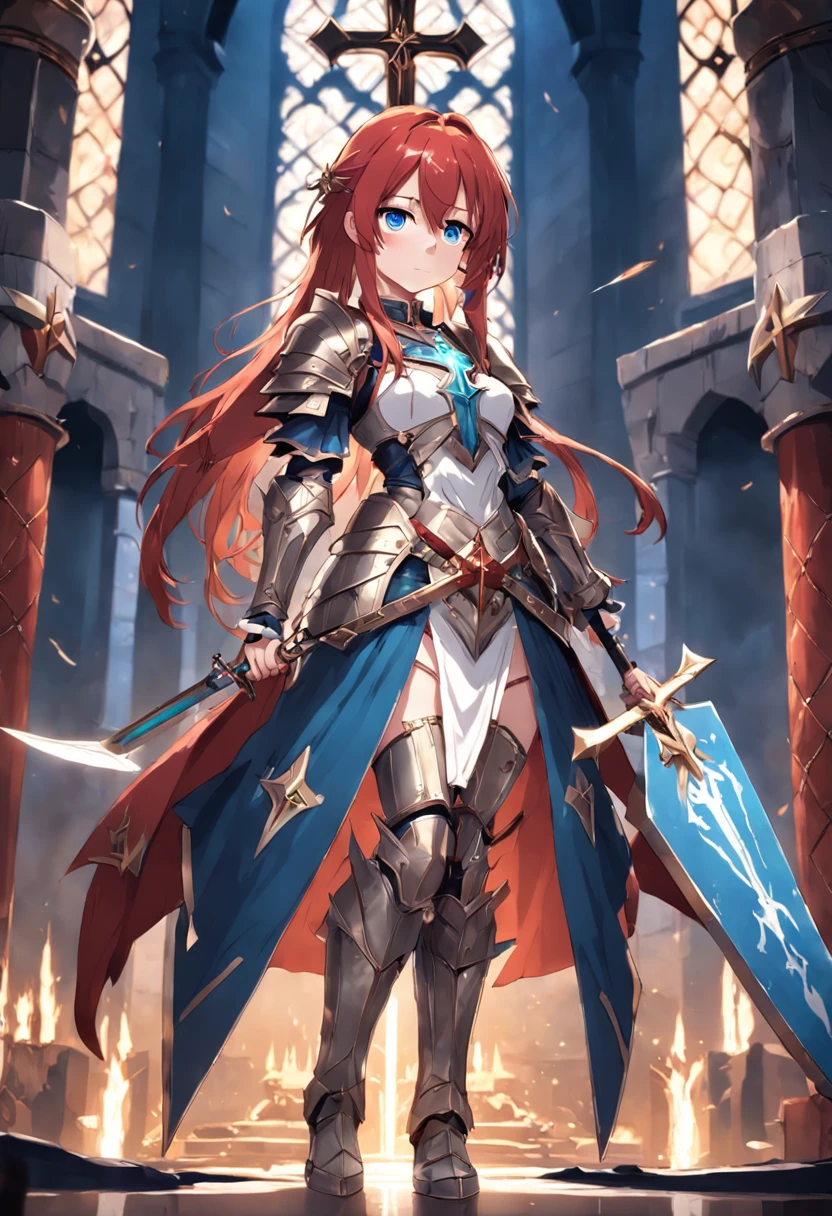 1female, girl, christian cross necklace, light armor, red hair, blue eyes, throne room background, spear