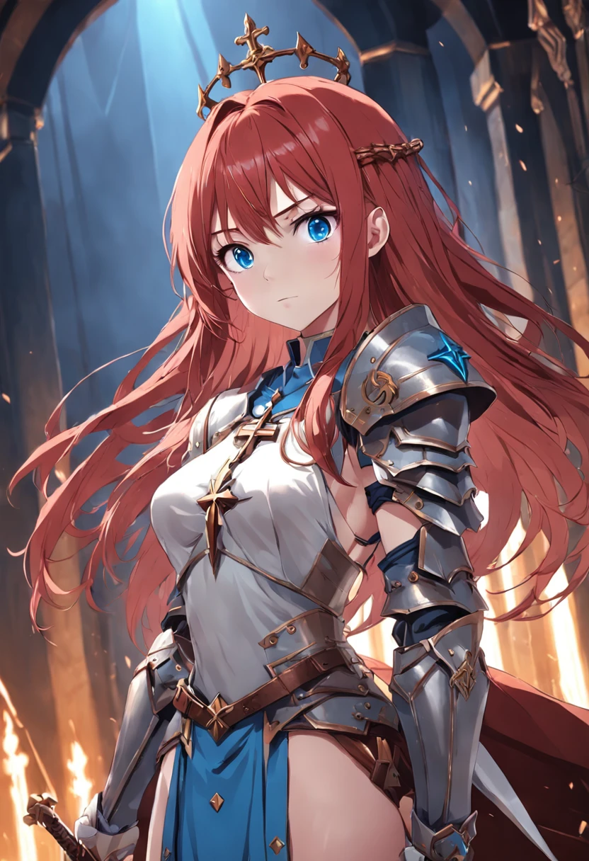 1female, girl, christian cross necklace, light armor, red hair, blue eyes, throne room background, spear