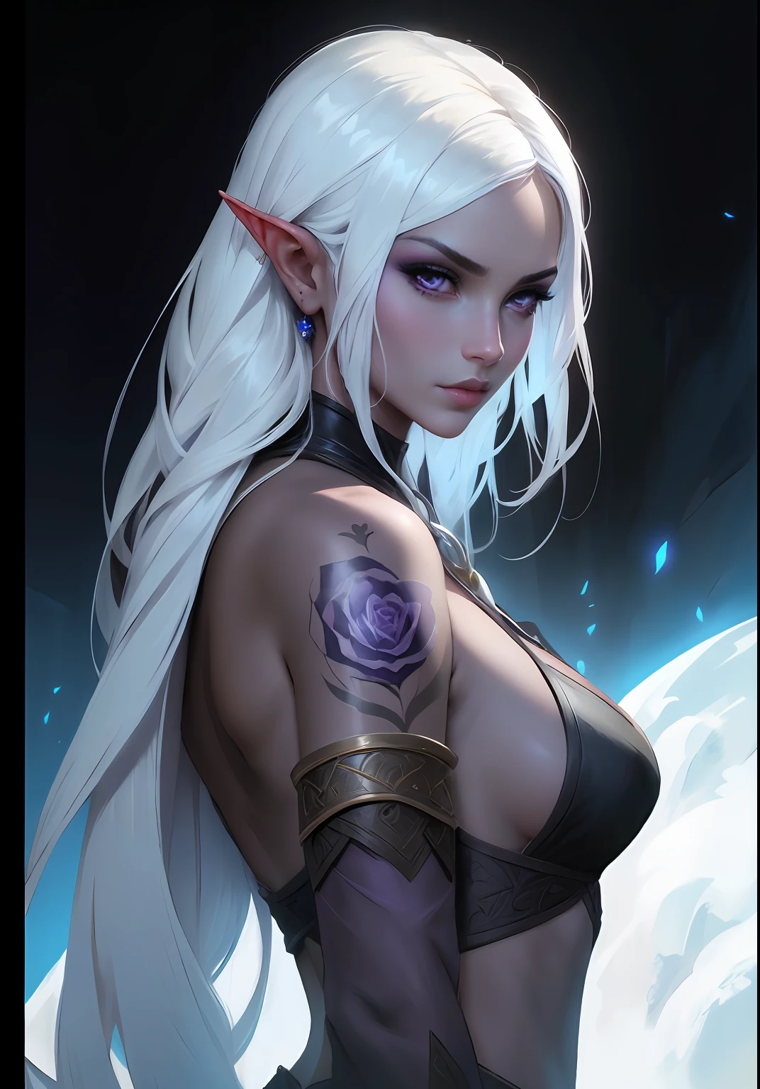 um close up de uma mulher com cabelos brancos e uma tatuagem no peito, purple eyes, Artgerm e RossDrew, Elfo Negro, Artgerm extremamente detalhado, Wlop Ross, Rossdraw 1. 0, :: Ross, Rossdraw 2. 5, Inspirado em RossDrew, princesa elfo escuro, Artgerm. High detail