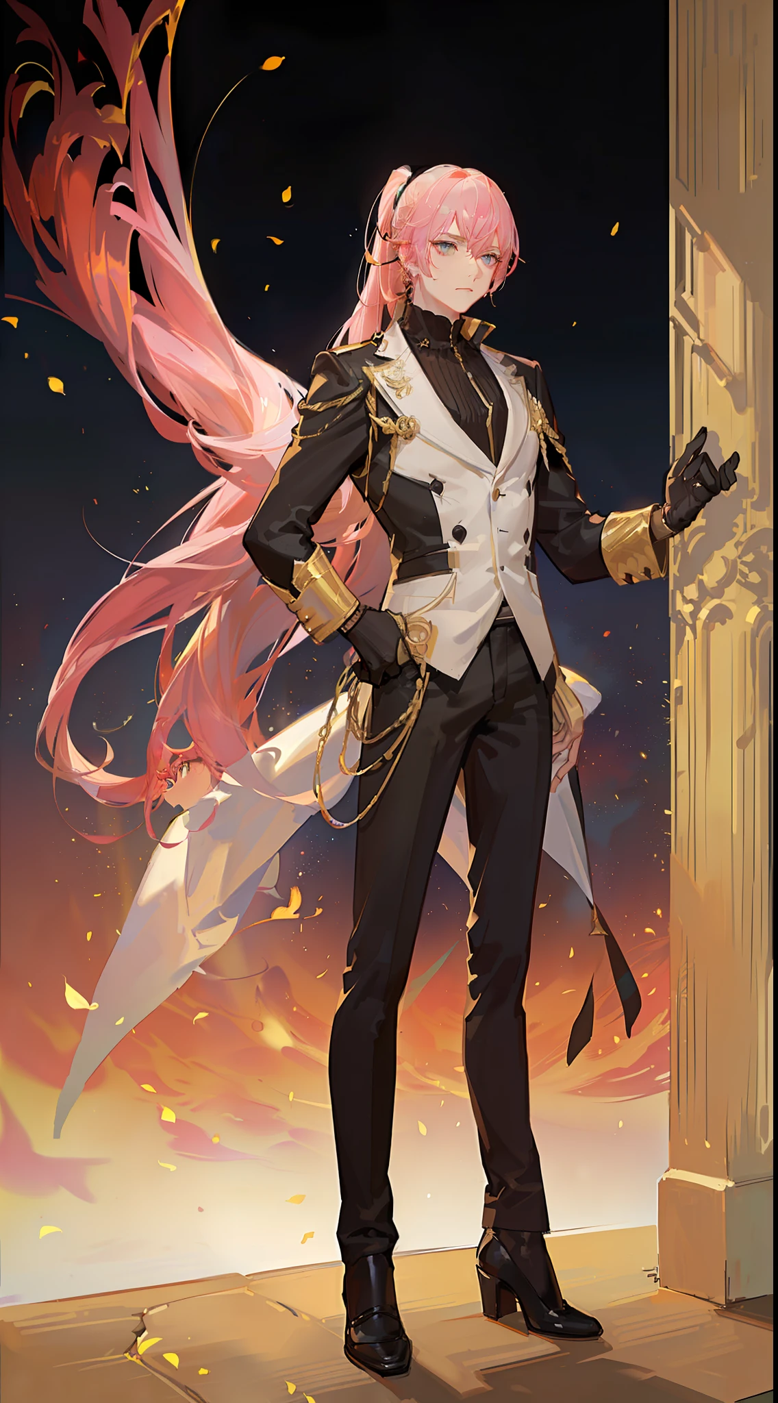 adult man, pink hair, high ponytail, golden eyes, white suit with gold elements, Masterpiece, hiquality