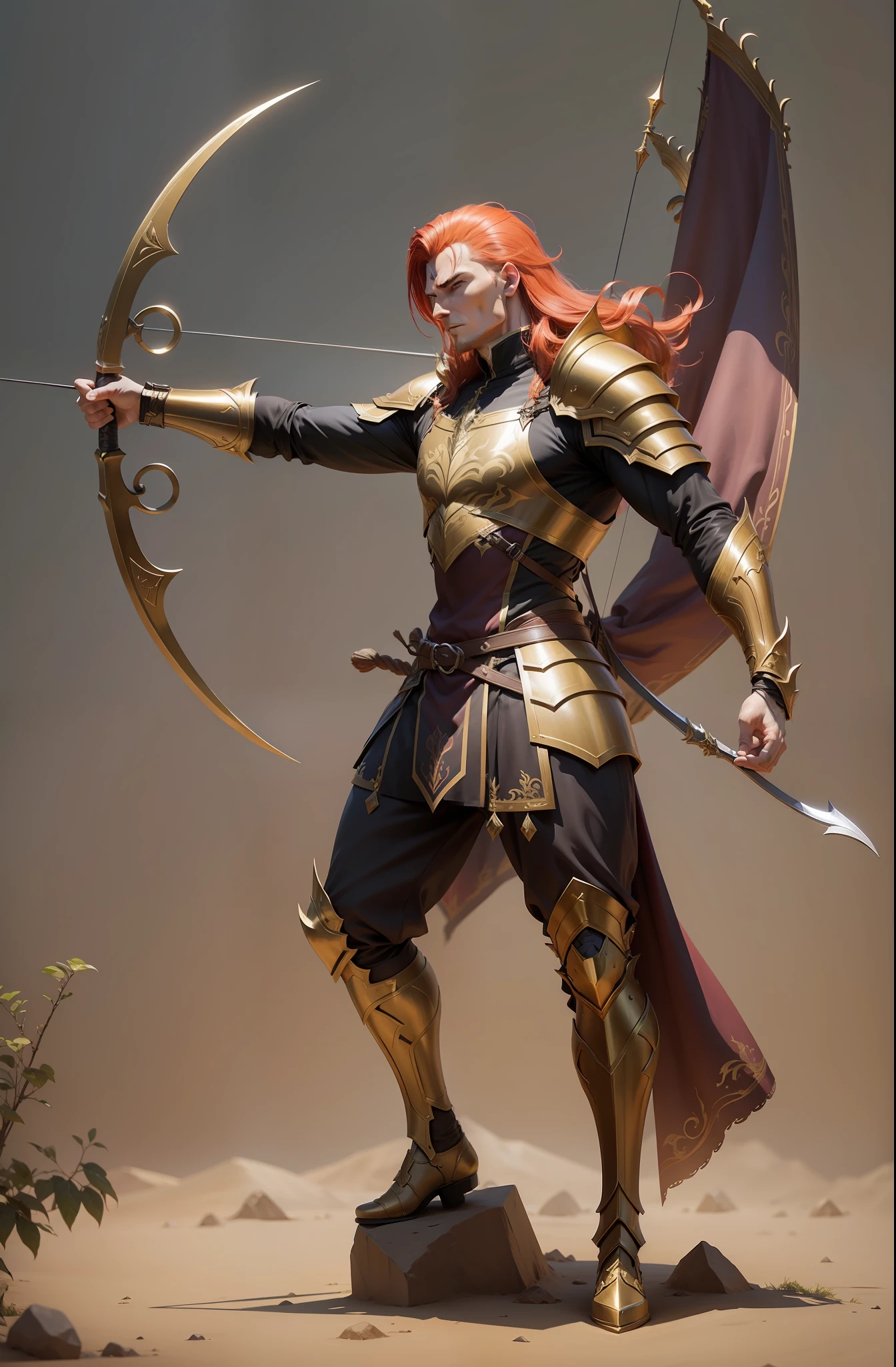 Male Character Archer Fantasy Action Background Pose Fantasy Face Action Serious Armor Golden Arch Character Long Arch with Height of 1,90m with black eyes and red hair marks with nothing on the back take everything from the bottom enhance right hand