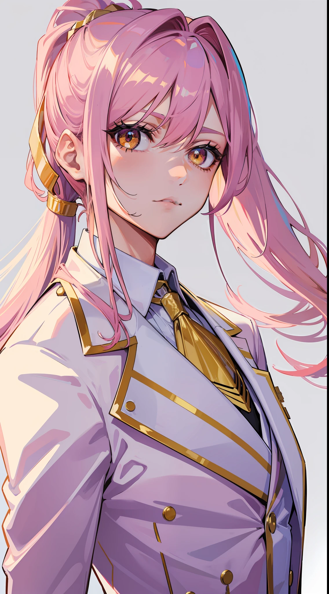 adult man, pink hair, high ponytail, golden eyes, white suit with gold elements, Masterpiece, hiquality