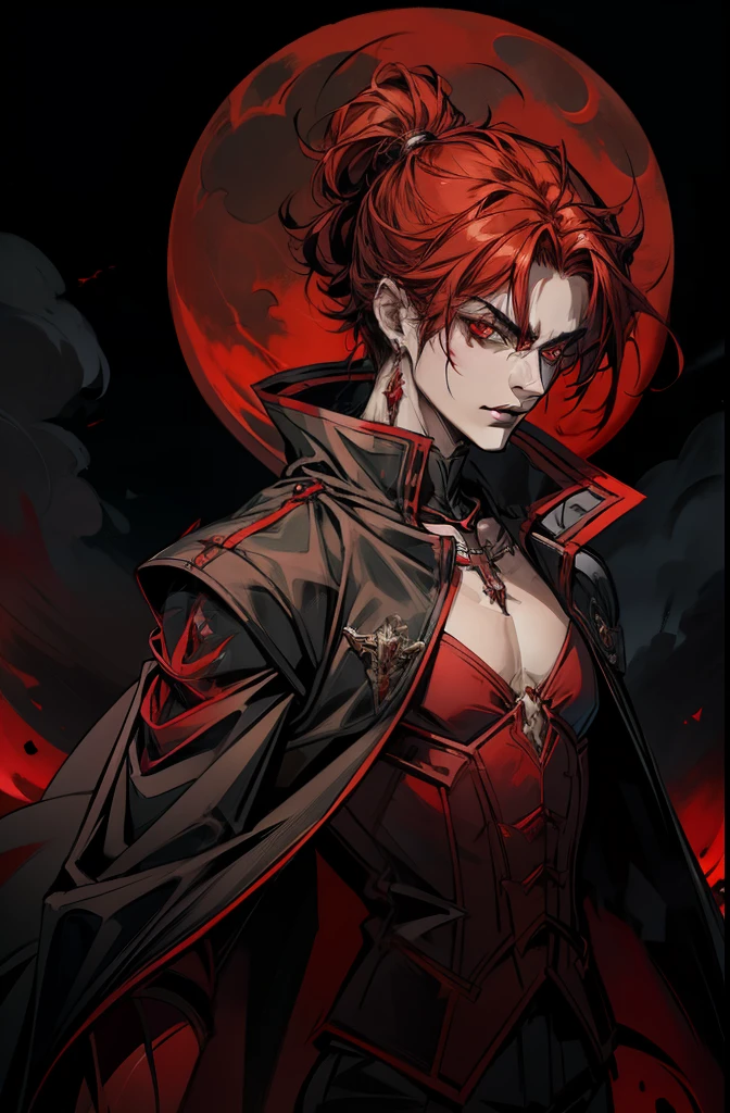 A vampire with red eyes and a black coat,Kizi,Short shoulder-length red hair,Refined face,k hd,Realiy,The great sword in my hand is slashing at me,Broken crosses were scattered around him,Under a blood-red full moon,Pitch Black Forest