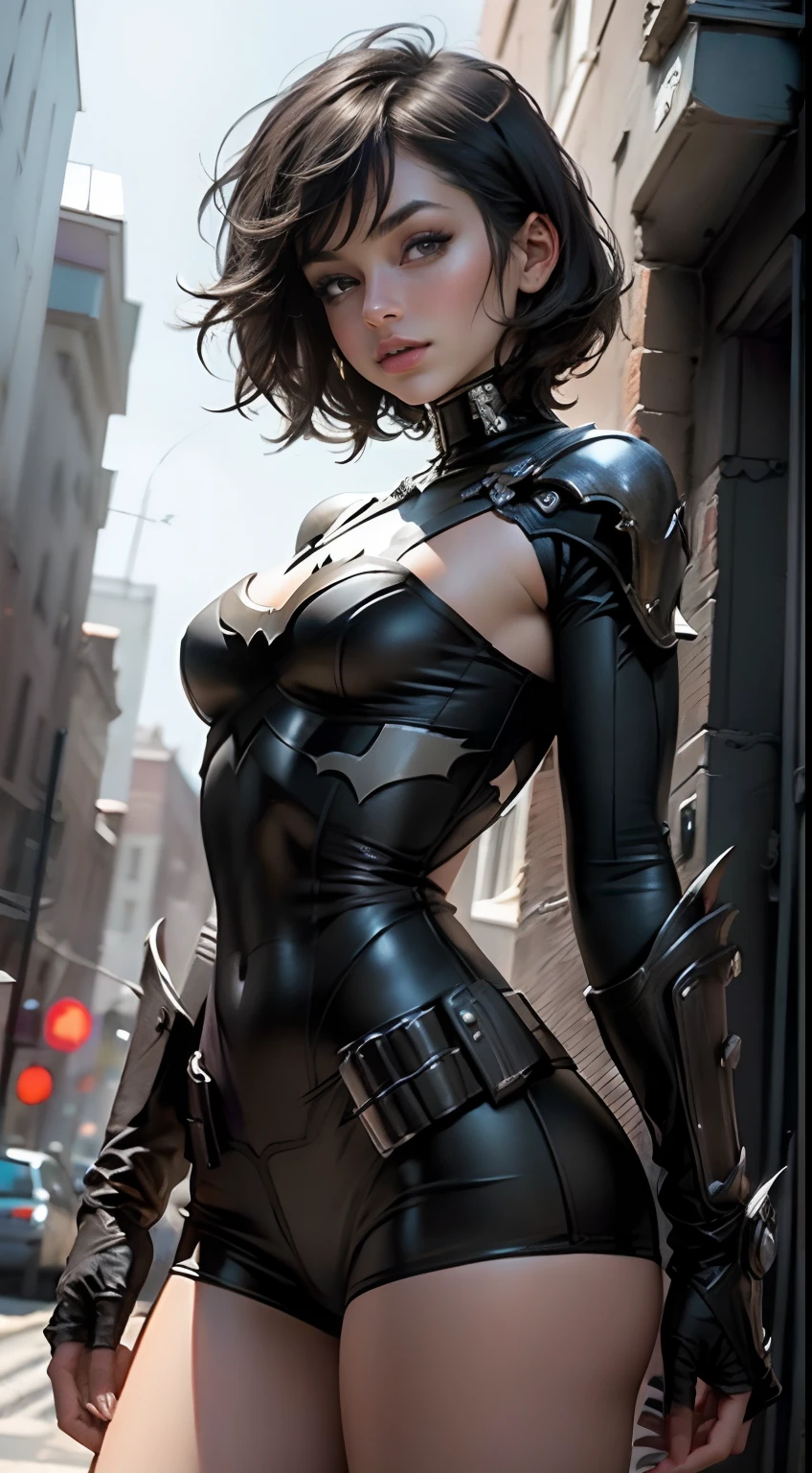 Beautiful woman with long black hair defines the body and wears Batman role-playing, rear view, shows ass