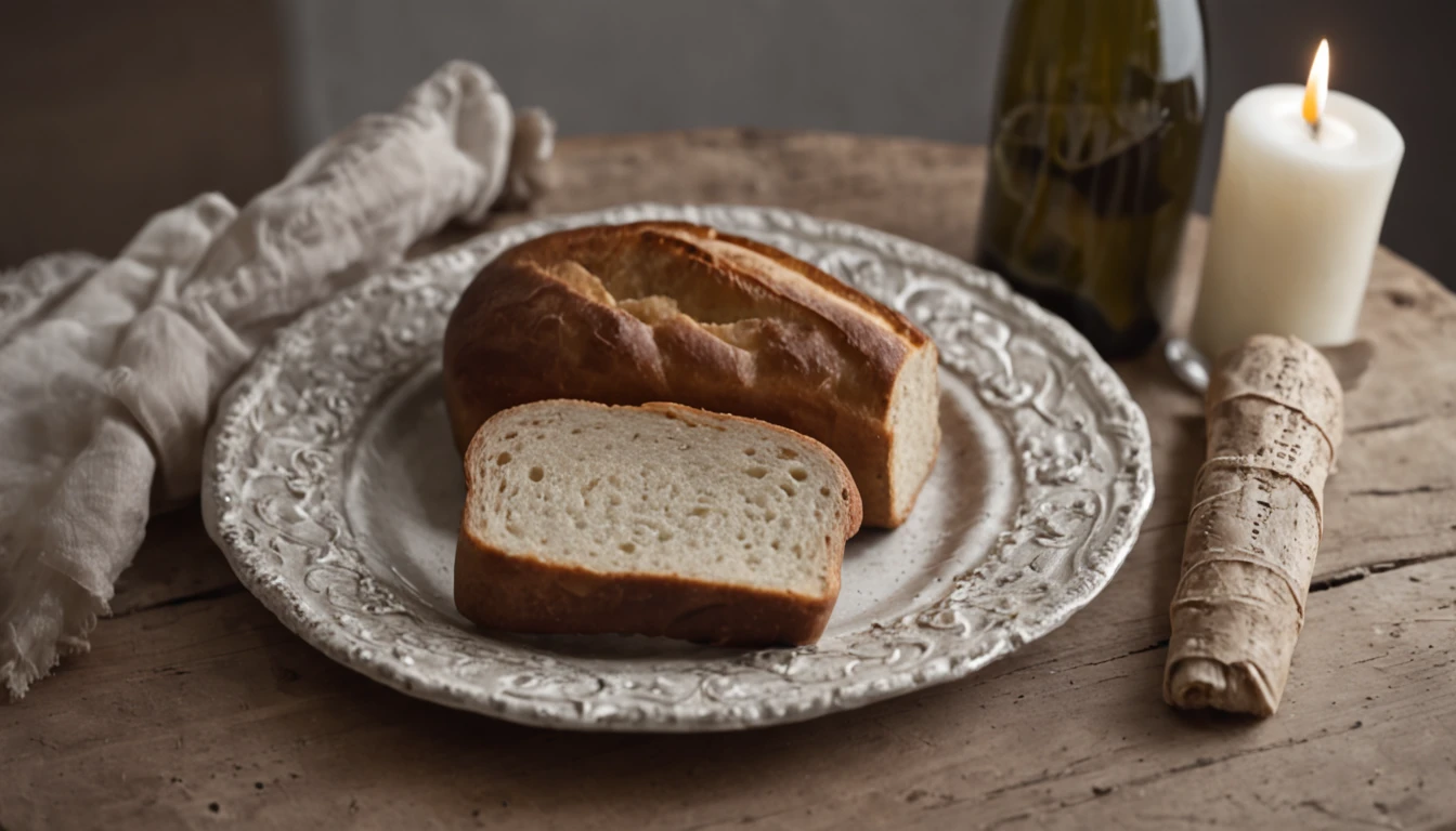 Picture a simple, yet evocative scene, reminiscent of a 19th-century kitchen. An aged wooden table serves as the stage for a humble meal: a loaf of fresh bread, a wedge of cheese, and a bowl of ripe fruits. A vintage wine bottle and an extinguished candle with trails of smoke hint at the presence of a meal enjoyed. Using the old calotype process, the image holds a sense of raw nostalgia with its soft, slightly blurred edges and warm monochromatic tones, giving the viewer a vivid sensation of simpler times.