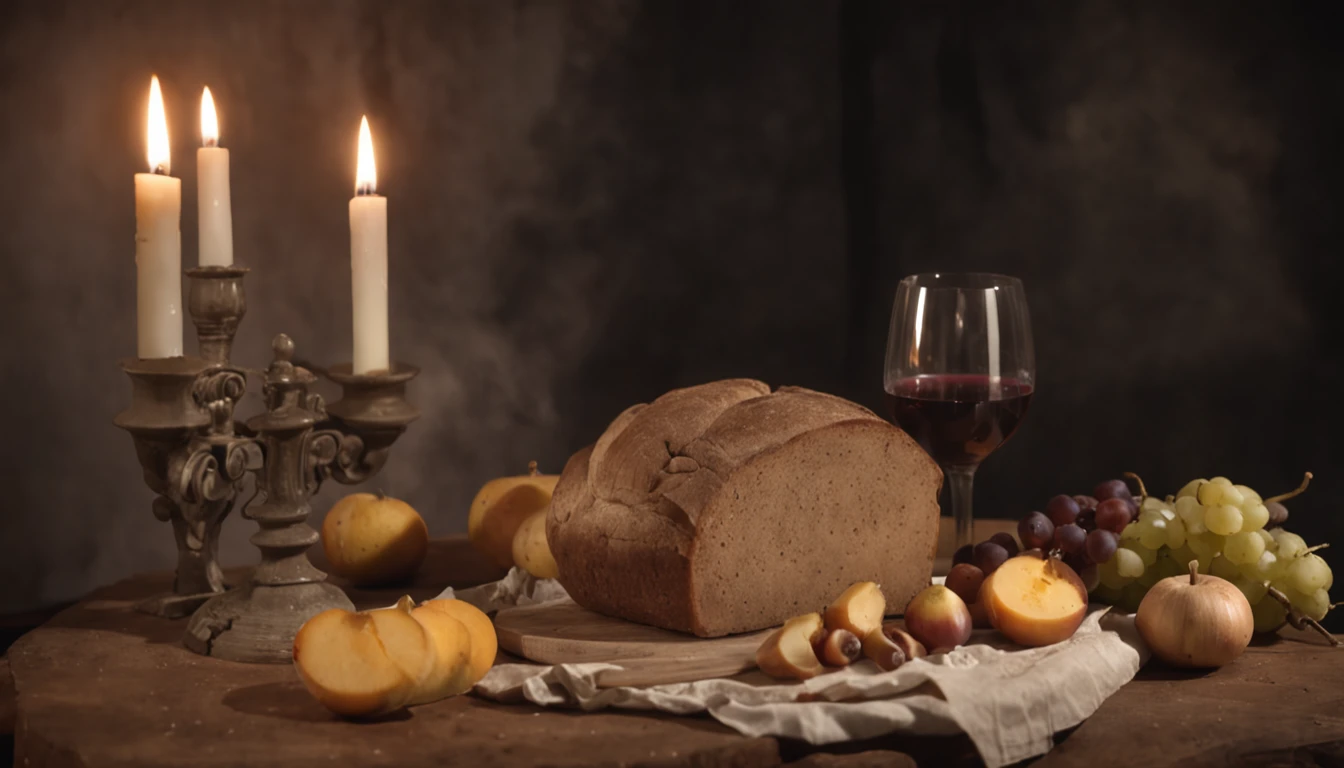 Picture a simple, yet evocative scene, reminiscent of a 19th-century kitchen. An aged wooden table serves as the stage for a humble meal: a loaf of fresh bread, a wedge of cheese, and a bowl of ripe fruits. A vintage wine bottle and an extinguished candle with trails of smoke hint at the presence of a meal enjoyed. Using the old calotype process, the image holds a sense of raw nostalgia with its soft, slightly blurred edges and warm monochromatic tones, giving the viewer a vivid sensation of simpler times.