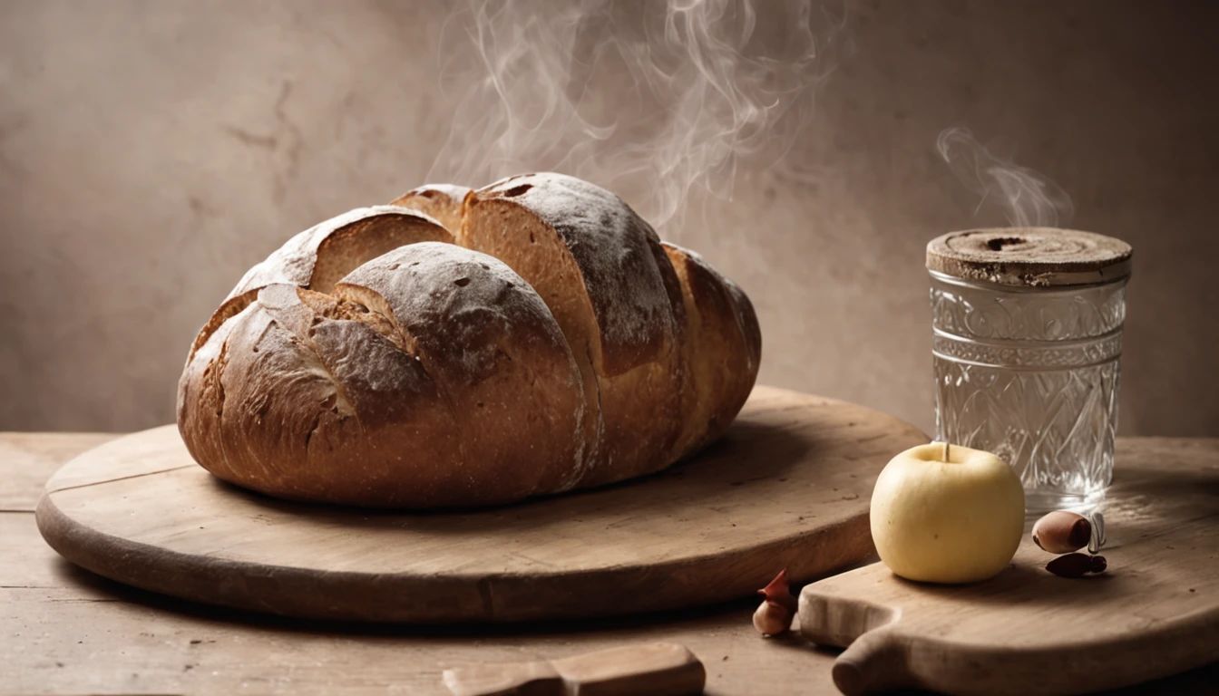 Picture a simple, yet evocative scene, reminiscent of a 19th-century kitchen. An aged wooden table serves as the stage for a humble meal: a loaf of fresh bread, a wedge of cheese, and a bowl of ripe fruits. A vintage wine bottle and an extinguished candle with trails of smoke hint at the presence of a meal enjoyed. Using the old calotype process, the image holds a sense of raw nostalgia with its soft, slightly blurred edges and warm monochromatic tones, giving the viewer a vivid sensation of simpler times.