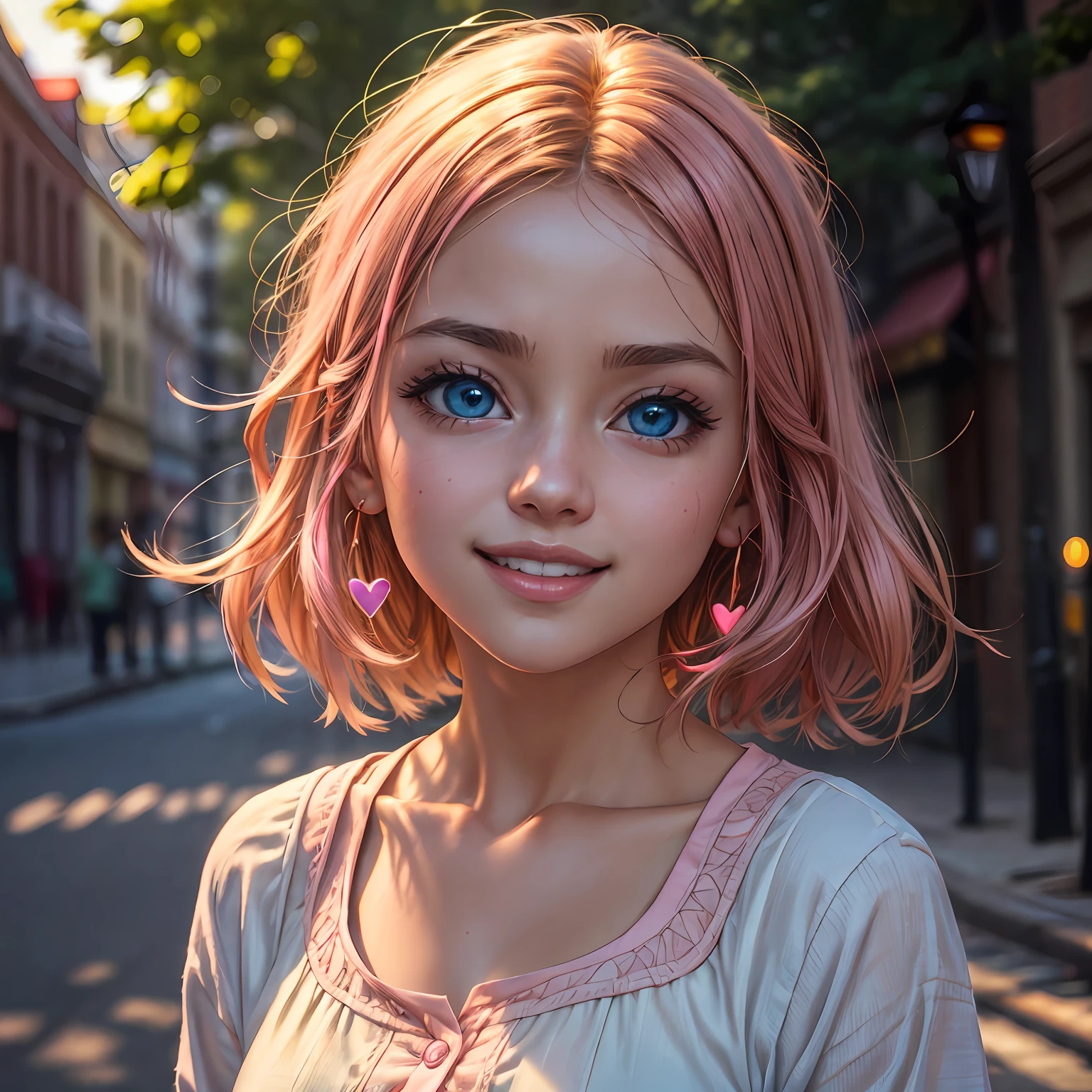 (masterpiece:1.1), (best quality:1.1), (anime screencap:1.1) of (1girl in the street, heart eyes, 😍, blushing, smiling wide, open mouth, pink, yellow, light yellow, azure, big eyes, looking at the viewer, white coat:1), crepuscular rays, (pouty lips, portrait, close up), (crisp:1.1), (ultra detailed), centered, colorful, glowing, (depth of field), finely detailed, (edge detection:1), (120mm), beautiful eyes, (intense lighting:1.1), fine art, creative, face, bokeh, light caustics