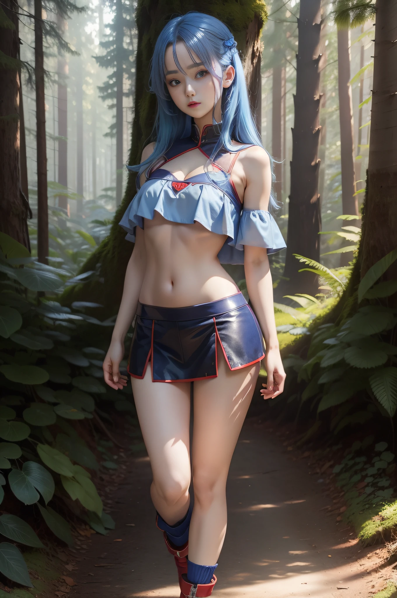 full body view, blue hair with red lights, kim chaewon, cute face, fantasy revealing outfit, exposed body, small breast, exposed midriff, is standing on a forest. The photo is taken in UHD 4K and is very detailed.