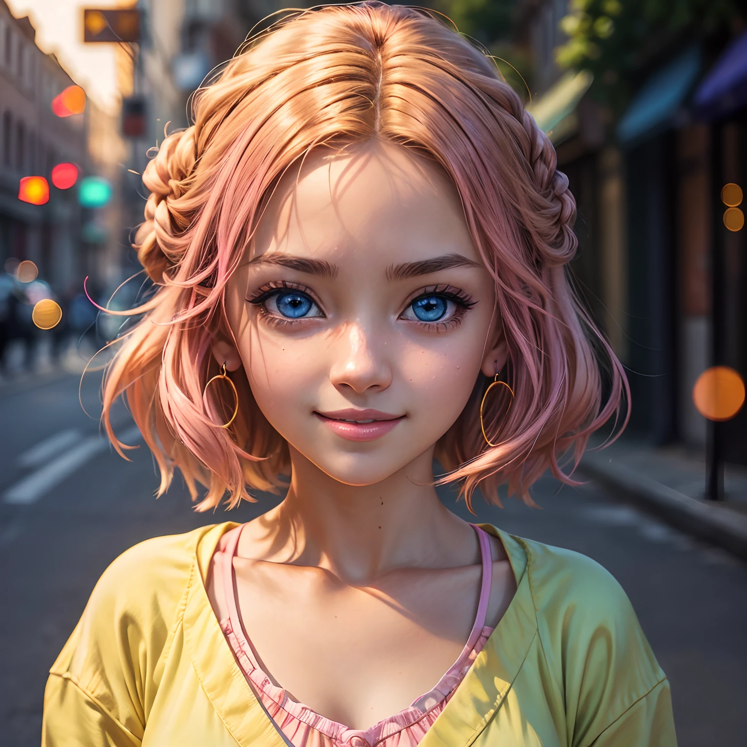 (masterpiece:1.1), (best quality:1.1), (anime screencap:1.1) of (1girl in the street, heart eyes, 😍, blushing, smiling wide, open mouth, pink, yellow, light yellow, azure, big eyes, looking at the viewer, white coat:1), crepuscular rays, (pouty lips, portrait, close up), (crisp:1.1), (ultra detailed), centered, colorful, glowing, (depth of field), finely detailed, (edge detection:1), (120mm), beautiful eyes, (intense lighting:1.1), fine art, creative, face, bokeh, light caustics