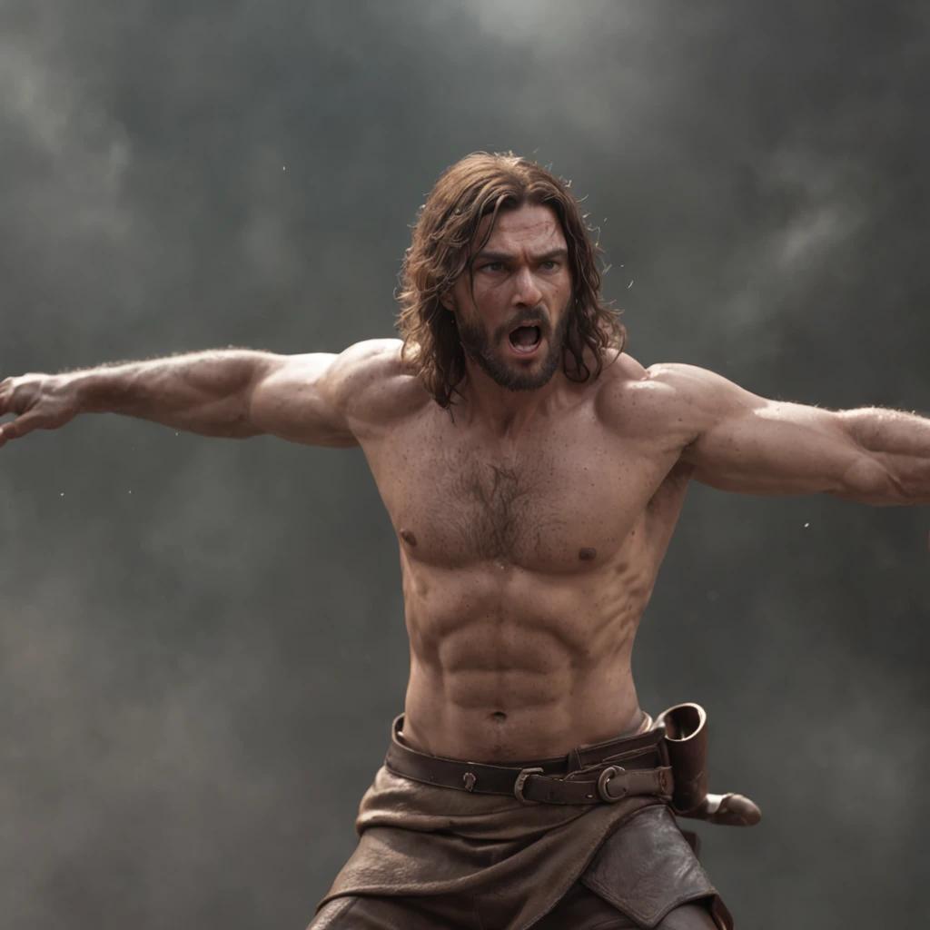 (Professional 3D rendering:1.3) de (Realistic:1.3) Foto de arte mais bonita do mundo,Features soft, bright male heroes, ((Epic hero fantasy rough muscular man wet hero angry look long hair short beard and fierce expression in dynamic pose, fantastic location, majestoso ambiente desordenado)), corpo inteiro 8k unidade render, action shot, poros da pele, very dark lighting, sombreamento pesado, circunstanciado, Rosto detalhado, (vibrante, fotogrdeia realista, Realistic, Dramatic, Escuro, foco nítido, 8k), (Old leather clothes damaged by bad weather:1.4), ((((Use peles)))), (intrincado:1.4), decadente, (altamente detalhado:1.4), pintura digital, rendering by octane, art stations, Conceito-Arte, liso, foco nítido, illustration, germe da arte, (Loish:0.23), Wlop Ilya Kuvshinov, e Greg Rutkowski e Alphonse Mucha Gracias, (global ilumination, studiolight, Light Volumetric), chuva forte, floating particles, patife, fantasia, Onze, corpo inteiroesbian, ((Fundo escuro e antigo da cidade:1.3)),CGSesociedade,art stations