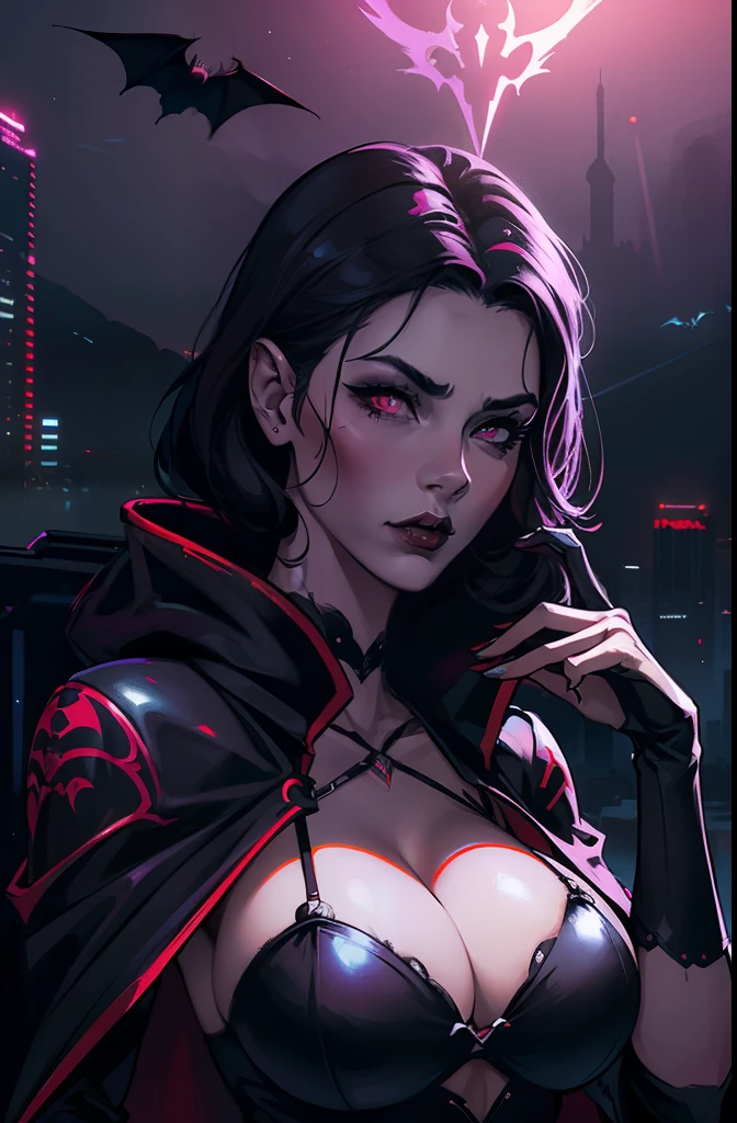high high quality，Best quality at best，Realiy，Super realistic，super detailing,tmasterpiece，A high resolution，8K，Very realistic，Hellbringers，red - eyed，Meniscus，Close-up of a girl with a sword and a vampire, ((Dark black cloak))，比基尼，glitchpunk girl,pale milky white porcelain skin, Vampires，Smooth translucent white skin, small thighs，Small waist，Small hips，cropped shoulders，Nice collarbone，ultra-realistic realism，big breasts exposed cleavage,The upper part of the body,,Wear a bikini，Tattooed with，red color eyes，goth style，Bat wings，Bats fly across the skyline，Epic fantasy digital art style,A noble and elegant vampire girl, dan mumford tom bagshaw, dark fantasy style art, Epic fantasy art style, , dark fantasy art style, Epic fantasy art style HD, dark fantasy digital art，"Artistic image type: {Perched on the top of the cybernetic dragon, Vampire Maiden investigates the vast cyber metropolis below. Infused with neon lights, Contrast her technically enhanced body, Embedded LEDs and retractable technology weapons shine. In a striking pose, She seemed ready to act, A fusion of ancient legends and visions of the future}, Excellent location，with city view, (Vibrant neon lighting:1.5), (Digital painting:1.25), (4K:1.2). environment: panoramic view of a city，Bats fly across the skyline."