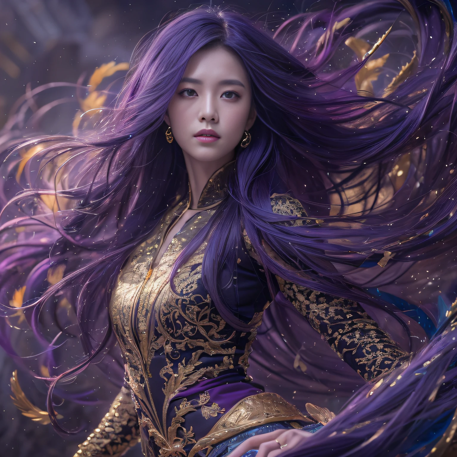 32K（tmasterpiece，k hd，hyper HD，32K）Long flowing bright purple hair，Autumn Pond，zydink， a color，  Asian people （Silly girl）， （Silk scarf）， Combat posture， looking at the ground， long whitr hair， Floating bright purple， Fire cloud pattern gold tiara， Chinese long-sleeved gold silk garment， （abstract ink splash：1.2）， smoky background，Lotus protector（realisticlying：1.4），Bright purple hair，Smoke on the road，The background is pure， A high resolution， the detail， RAW photogr， Sharp Re， Nikon D850 Film Stock Photo by Jefferies Lee 4 Kodak Portra 400 Camera F1.6 shots, Rich colors, ultra-realistic vivid textures, Dramatic lighting, Unreal Engine Art Station Trend, cinestir 800，Long flowing bright purple hair