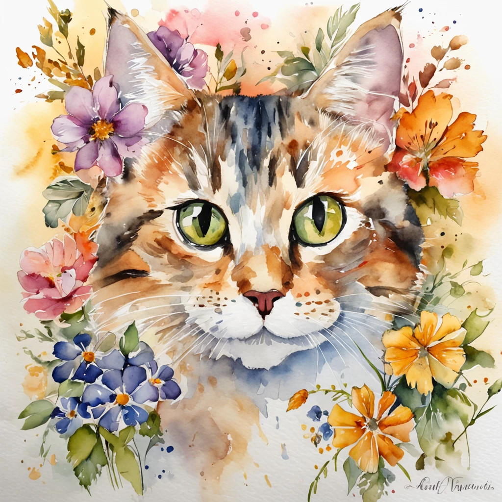 cute cat watercolor sublimation, vector art, illustration, intricate details, highly detailed, full details, 12k, high resolution, UHD,