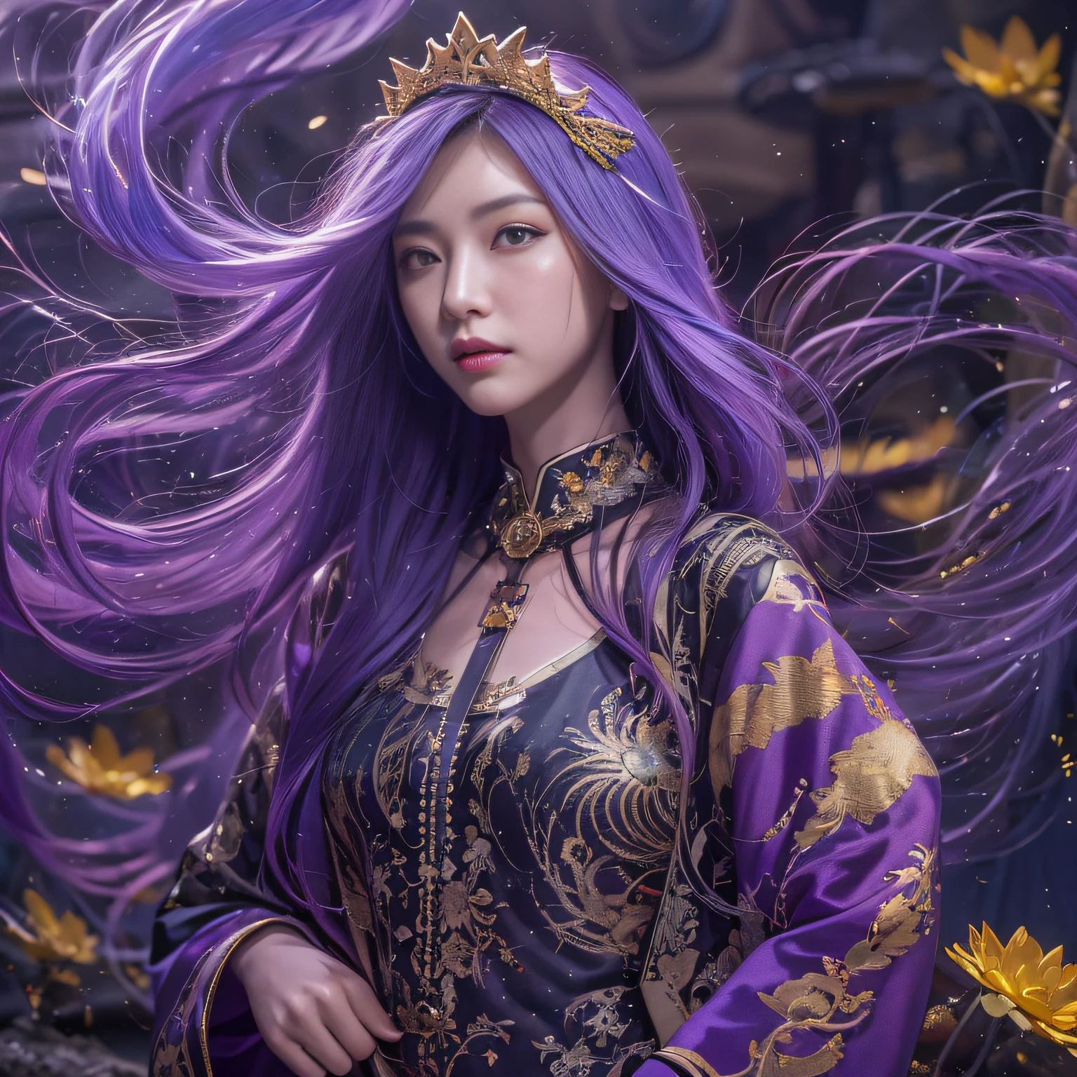 32K（tmasterpiece，k hd，hyper HD，32K）Long flowing bright purple hair，Autumn Pond，zydink， a color，  Asian people （Silly girl）， （Silk scarf）， Combat posture， looking at the ground， long whitr hair， Floating bright purple， Fire cloud pattern gold tiara， Chinese long-sleeved gold silk garment， （abstract ink splash：1.2）， smoky background，Lotus protector（realisticlying：1.4），Bright purple hair，Smoke on the road，The background is pure， A high resolution， the detail， RAW photogr， Sharp Re， Nikon D850 Film Stock Photo by Jefferies Lee 4 Kodak Portra 400 Camera F1.6 shots, Rich colors, ultra-realistic vivid textures, Dramatic lighting, Unreal Engine Art Station Trend, cinestir 800，Long flowing bright purple hair