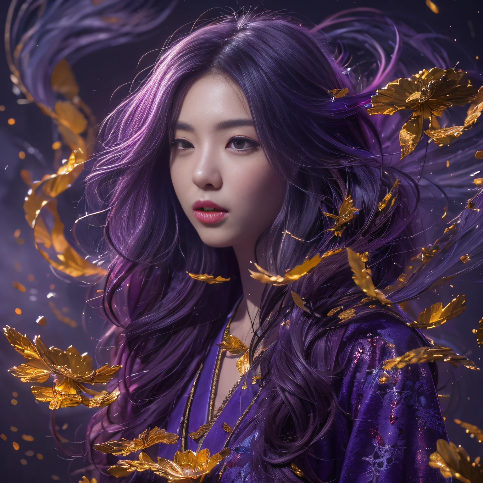 32K(tmasterpiece,k hd,hyper HD,32K)Long flowing bright purple hair,Autumn Pond,zydink, a color, Asian people (Silly girl), (Silk scarf), Combat posture, looking at the ground, long whitr hair, Floating bright purple, Fire cloud pattern gold tiara, Chinese long-sleeved gold silk garment, (abstract ink splash:1.2), smoky background,Lotus protector(realisticlying:1.4),Bright purple hair,Smoke on the road,The background is pure, A high resolution, the detail, RAW photogr, Sharp Re, Nikon D850 Film Stock Photo by Jefferies Lee 4 Kodak Portra 400 Camera F1.6 shots, Rich colors, ultra-realistic vivid textures, Dramatic lighting, Unreal Engine Art Station Trend, cinestir 800,Long flowing bright purple hair