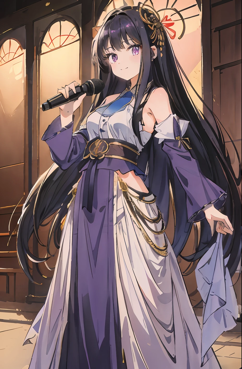A beautiful and cute girl, huge smile、Idle Pose、1girl in, Solo, Long hair, A dark-haired,Purple eyes, hair messy, long hair bangs, Beautiful detailed eyes, Looking at Viewer, deadpan, Closed mouth, Portrait, Bangs,Blue Idol Costume,corsets,holding the mic,Blue hair ornament,Upper body ,full body Esbian, Small breasts, Backlight, stage