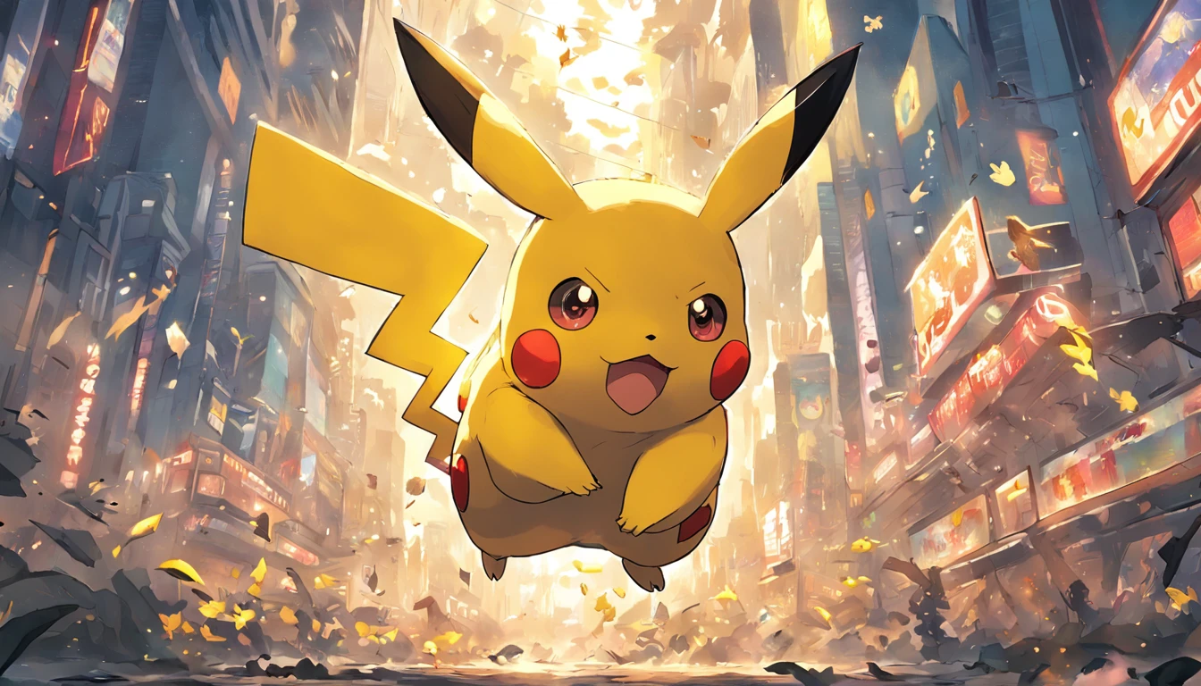 Pokémon Pikachu is flying through the air in a city, Pikachu, Pikachu surpreendido, Pikachu em uma floresta, Arte conceitual de Pikachu, Pikachu cyberpunk, Um Pikachu em uma floresta, pikachu on acid, Pikachu como um humano, Pikachu vida real, Pokémon illustration, Pikachu como Jesus, Megaman como Pikachu, pikachu in space, Pikachu Tarot Card, Mika Pikazo, Pokémon, scary, Classic Academia, chalk art, massive scale, Animation, Depth of field, Sticker, azure colors, abstract, vacuum tube lighting, 8-bit